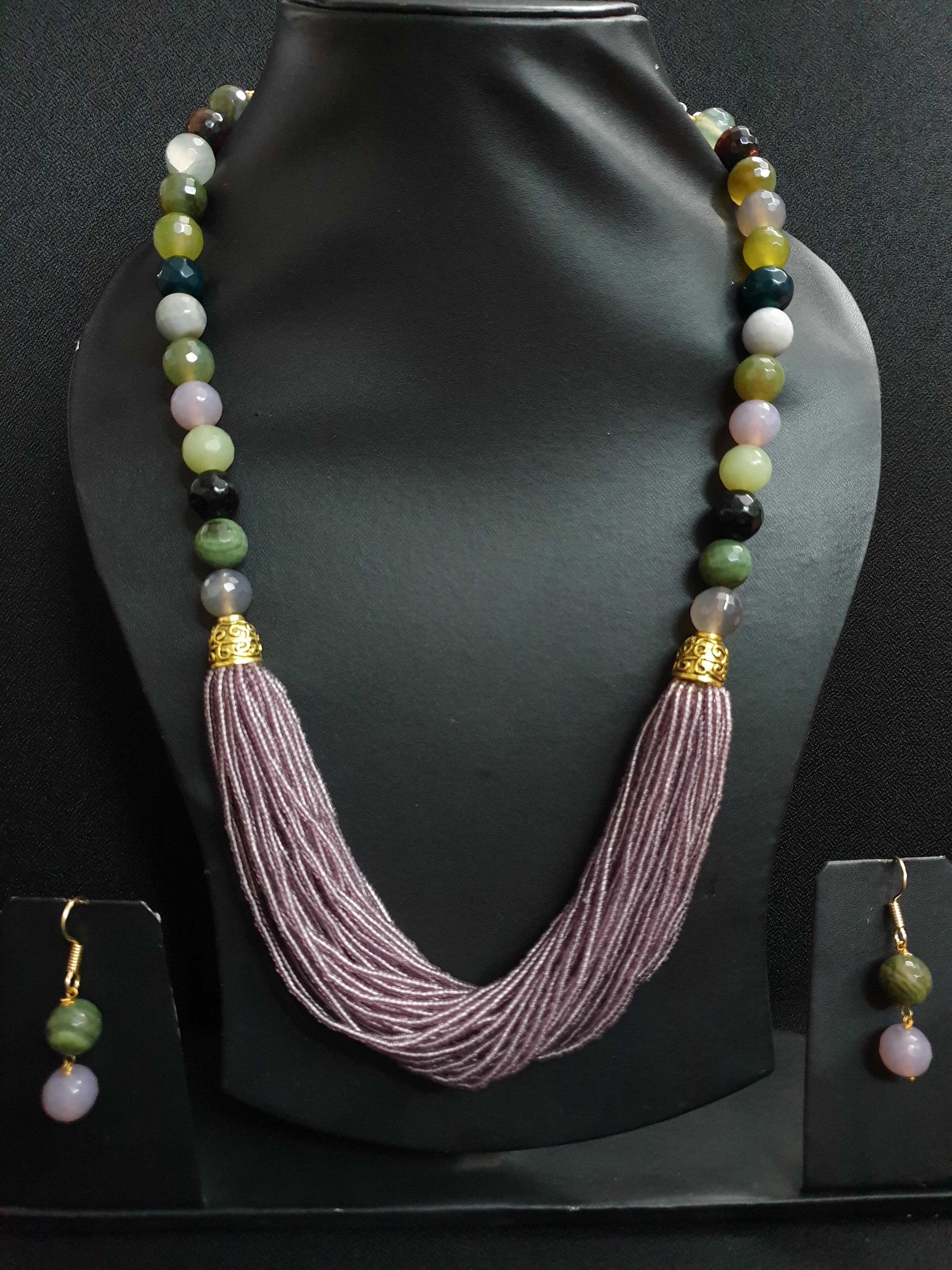 Green Stone Mauve Seed Bead Necklace Set