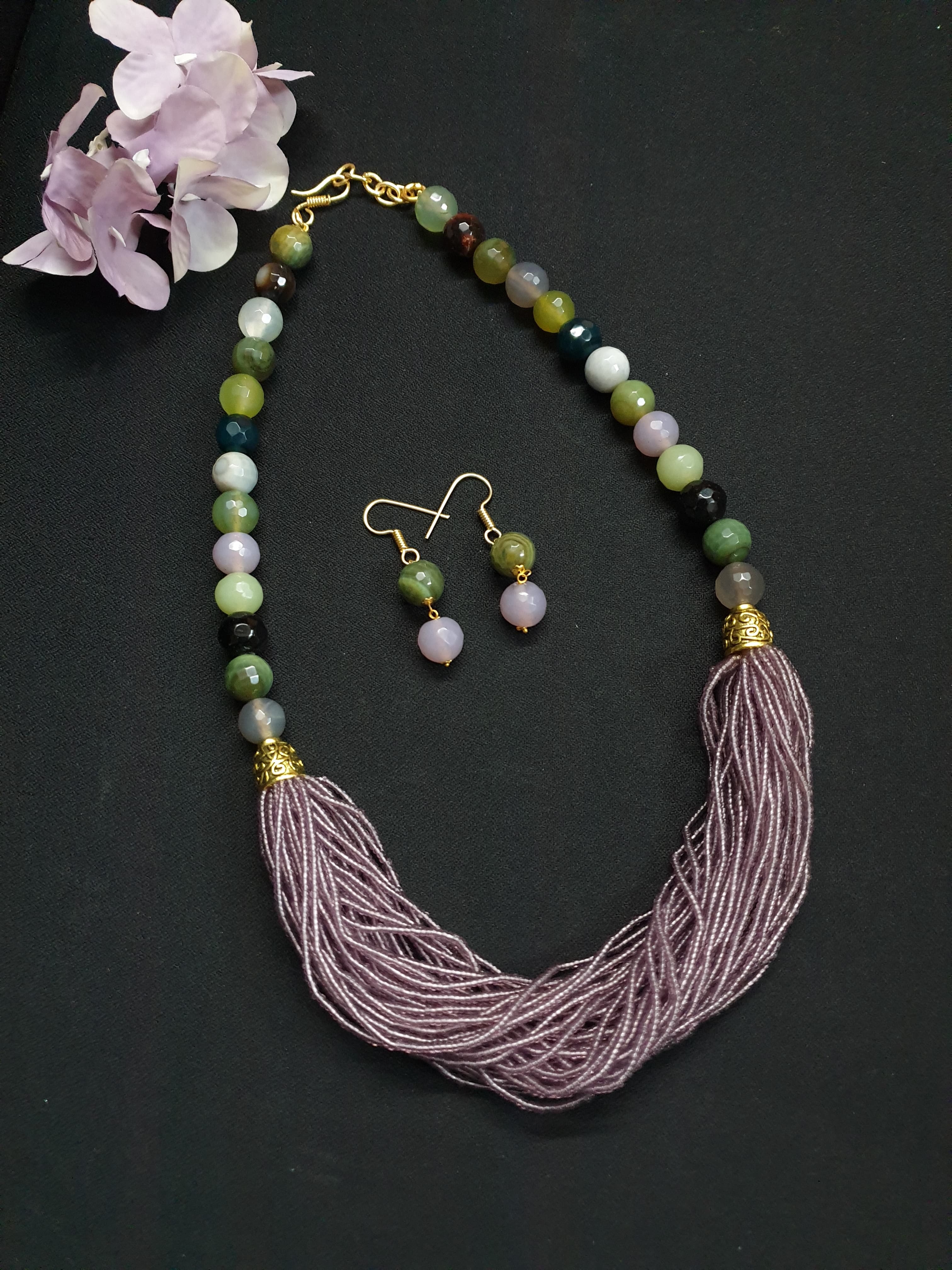 Green Stone Mauve Seed Bead Necklace Set