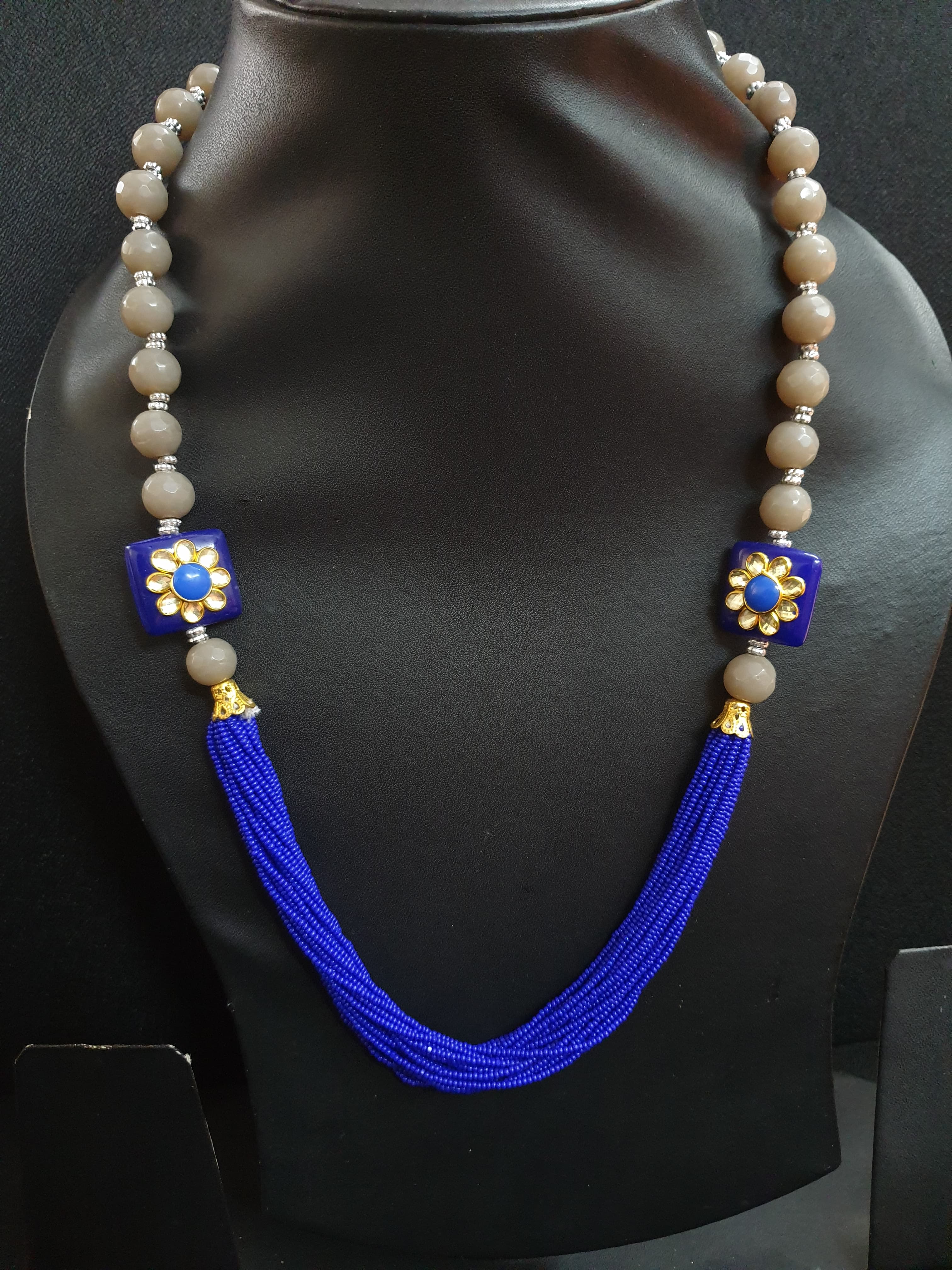 Grey Stone Blue Seed Bead Floral Necklace Set