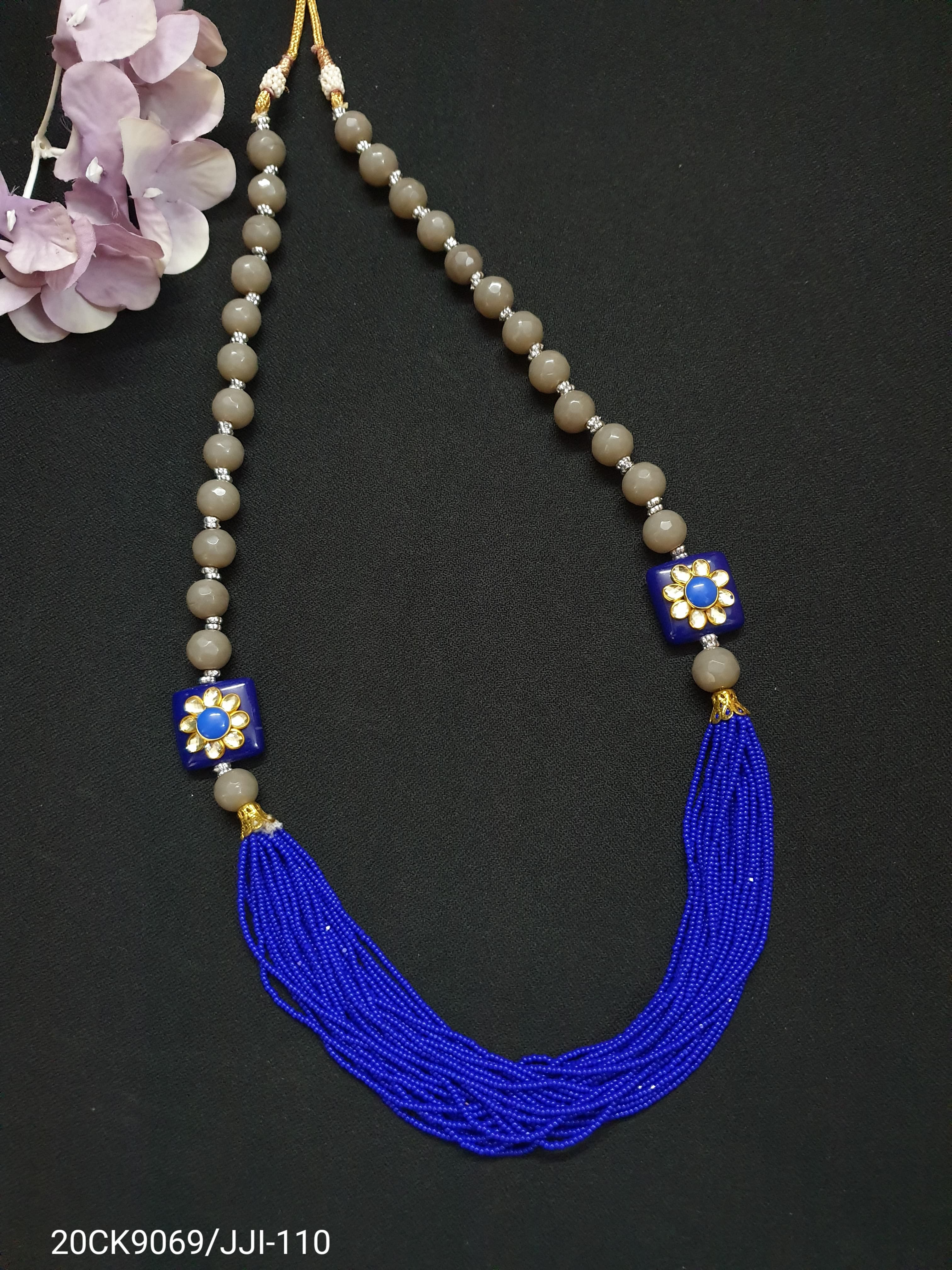 Grey Stone Blue Seed Bead Floral Necklace Set