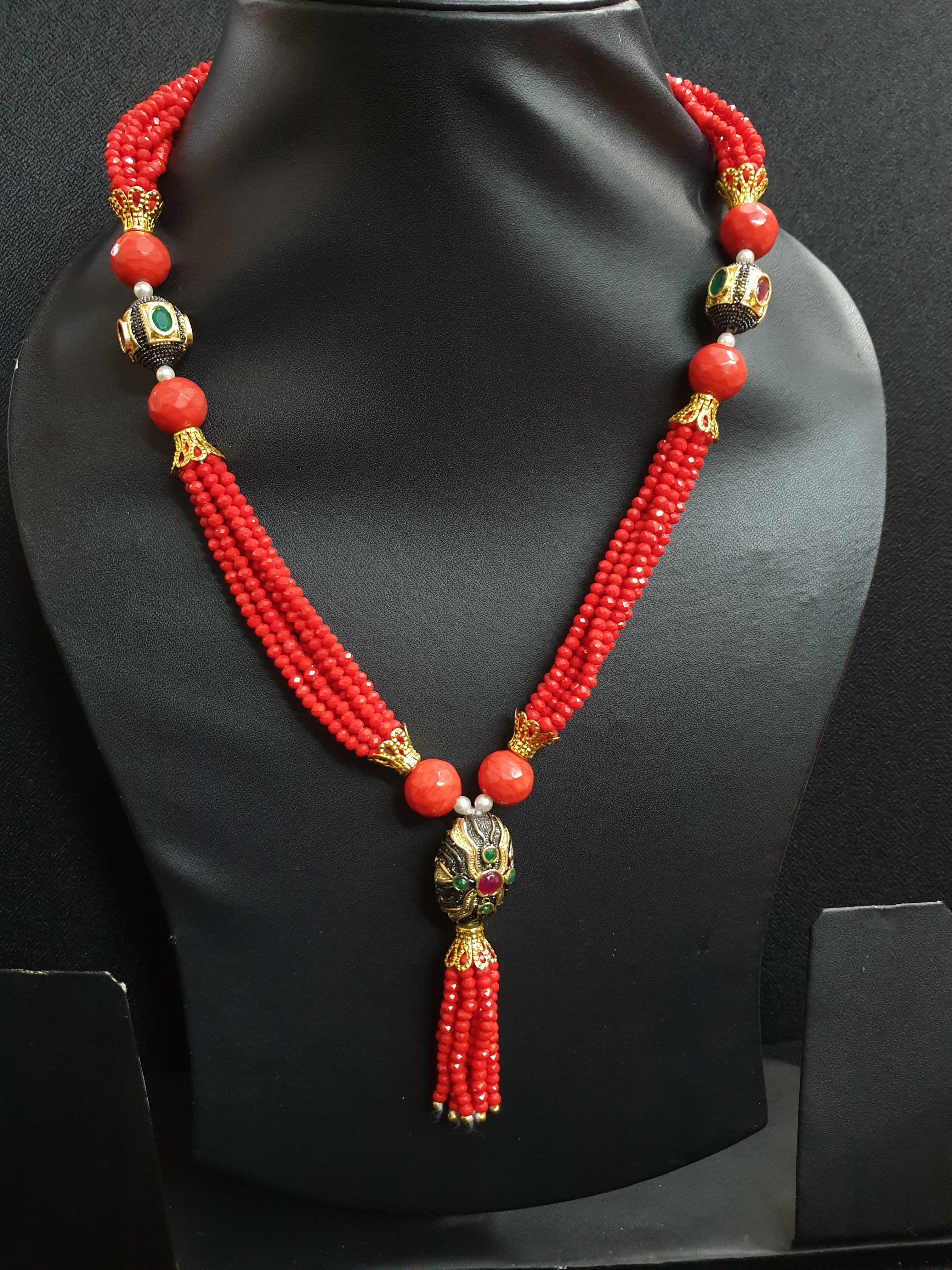 Red Antique Beaded Multistrand Necklace Set