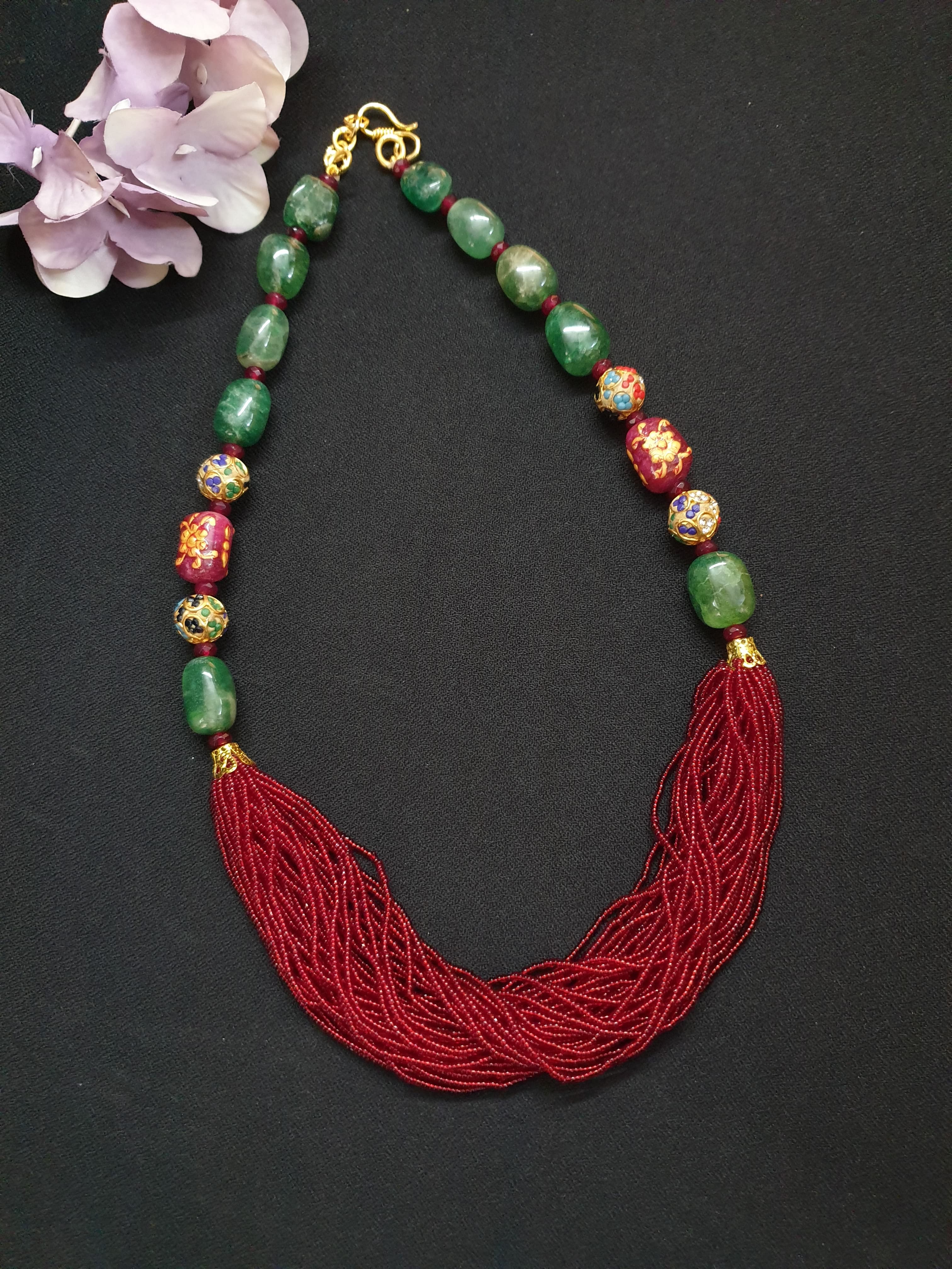 Emerald Green Stone Red Seed Bead Necklace