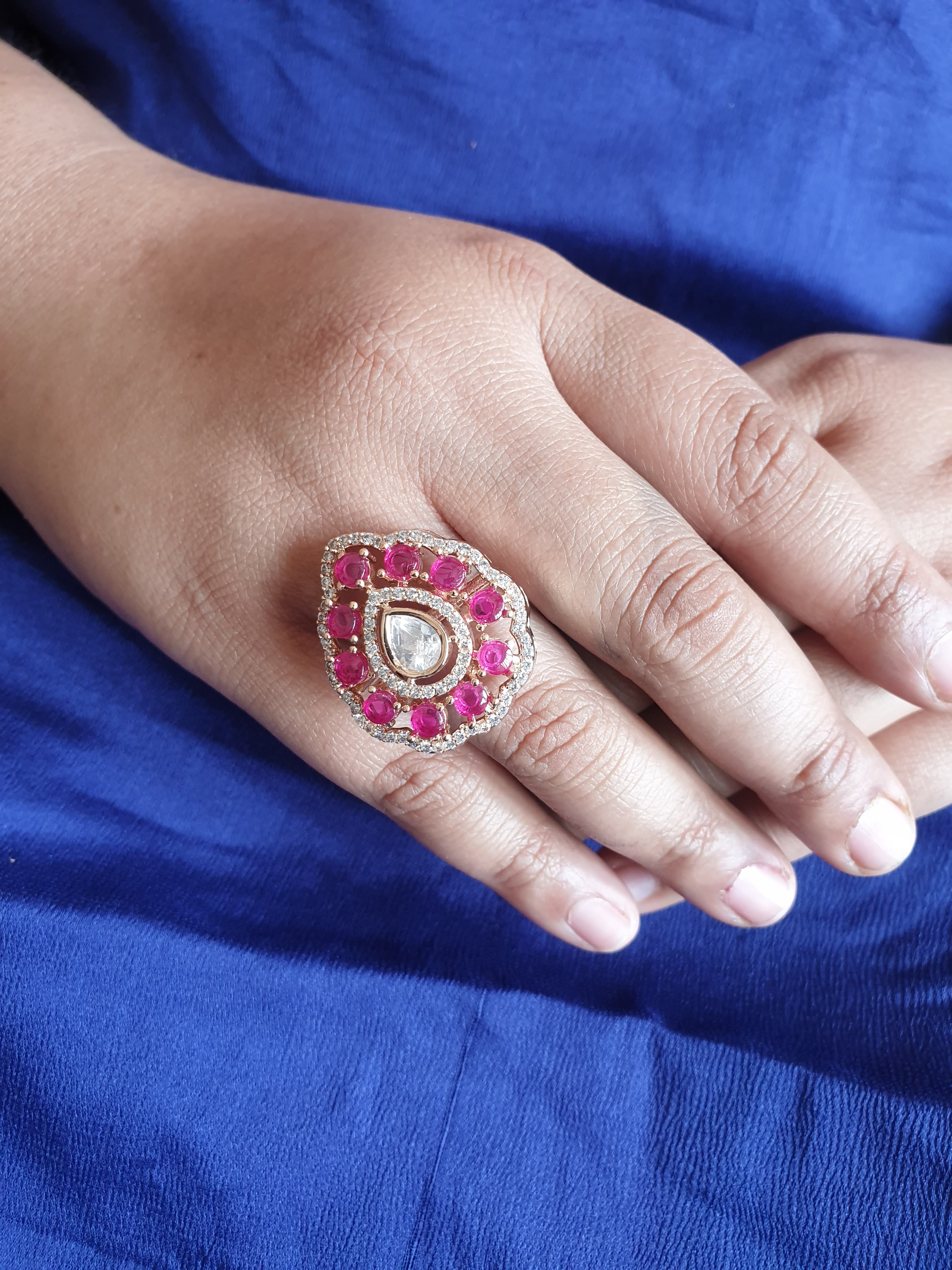 Hot Pink Kundan Polki Adjustable Ring