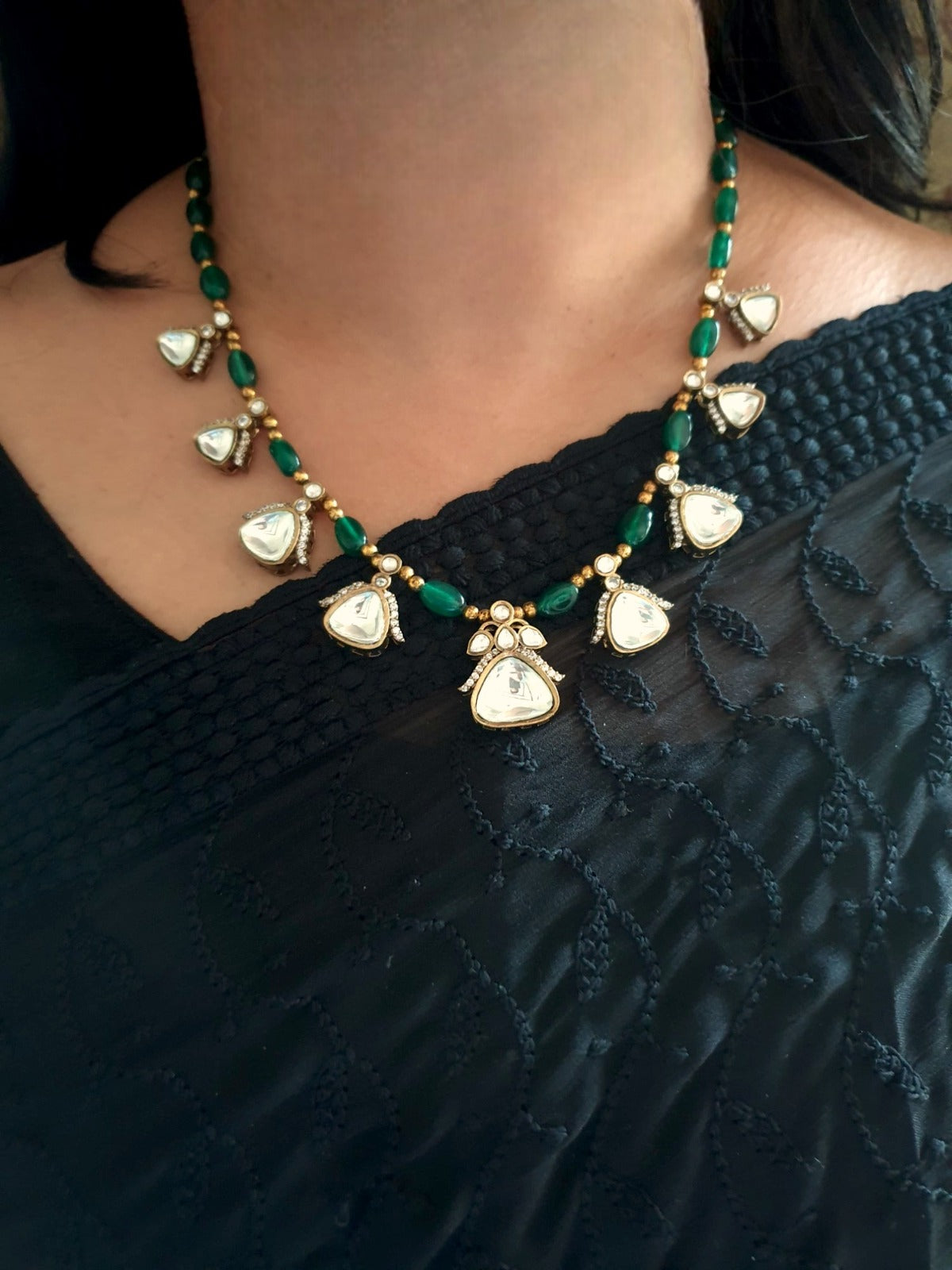 Green Stone Kundan Polki Delicate Necklace