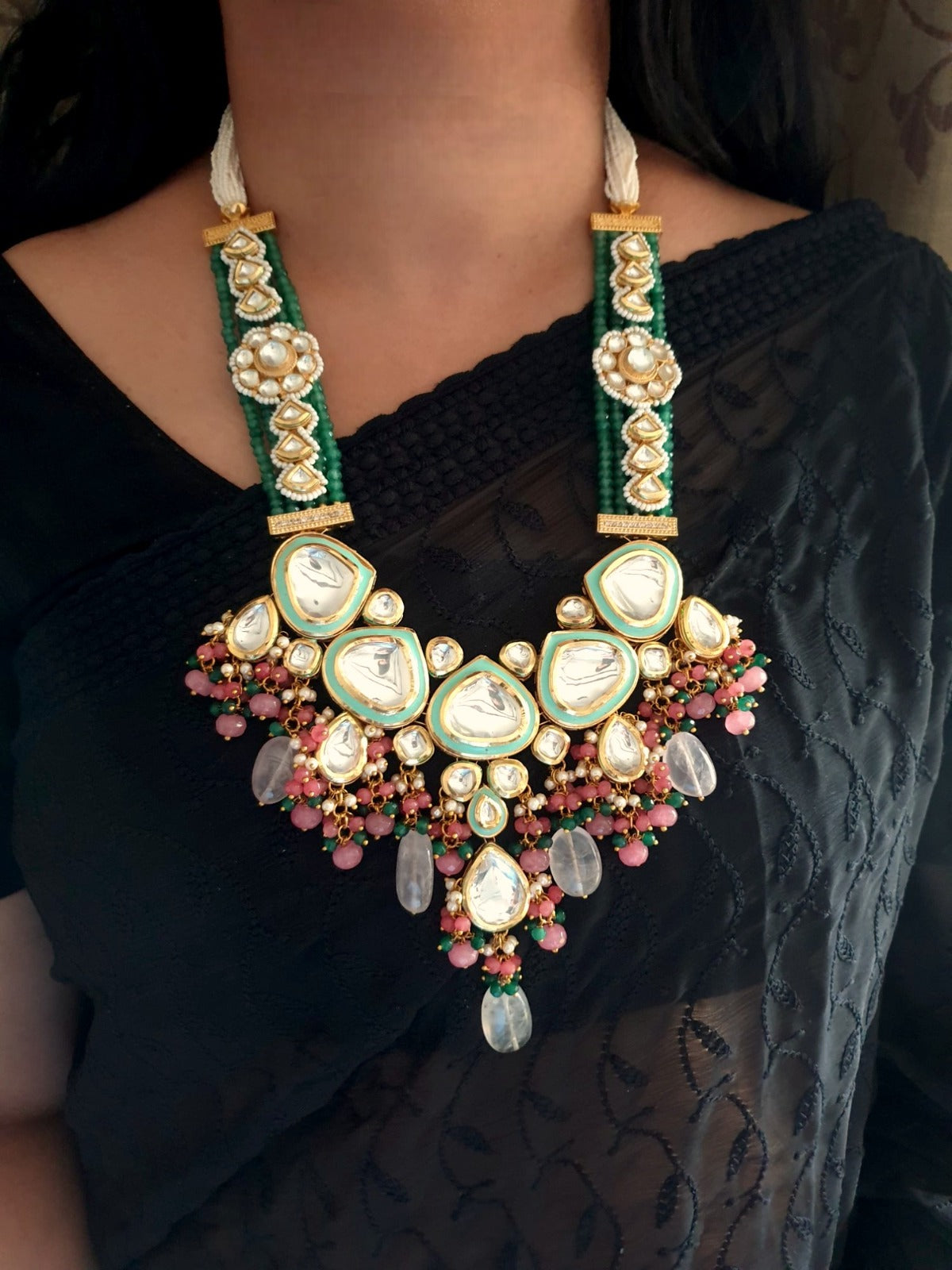 Green Kundan Meenakari Long Necklace Set With Earrings