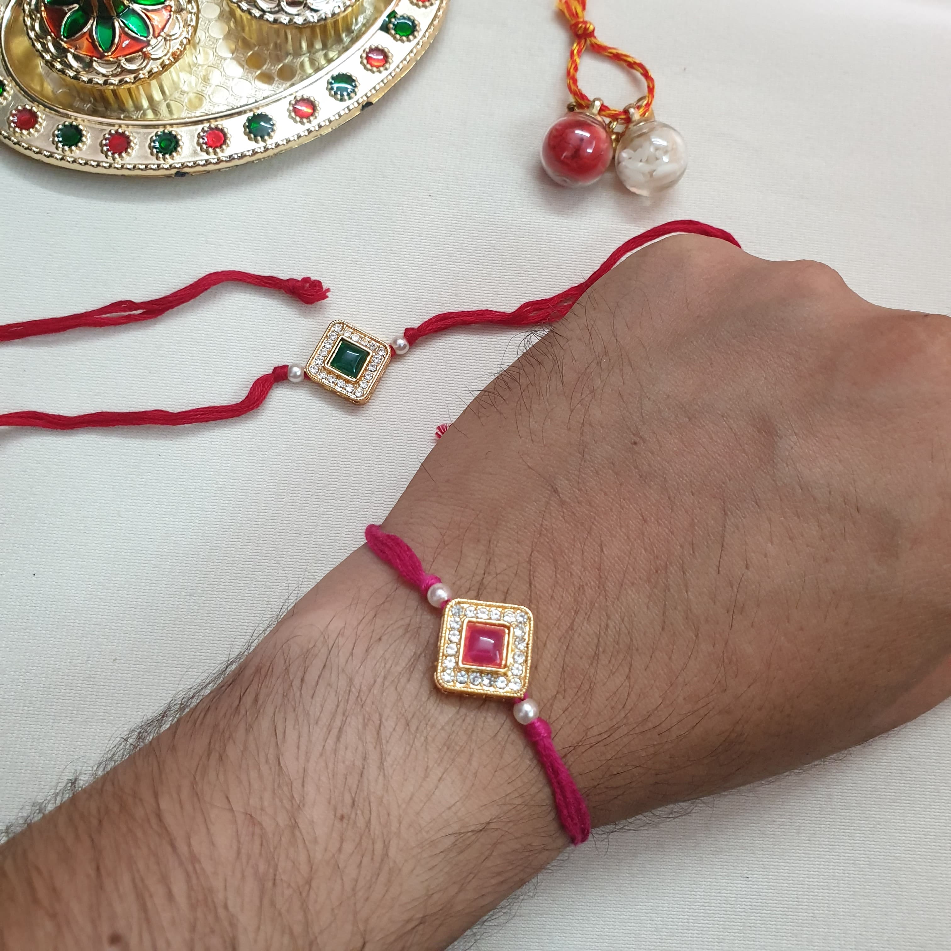 Square Kundan Stone Rakhi For Brother And Sister (Pack Of Two)