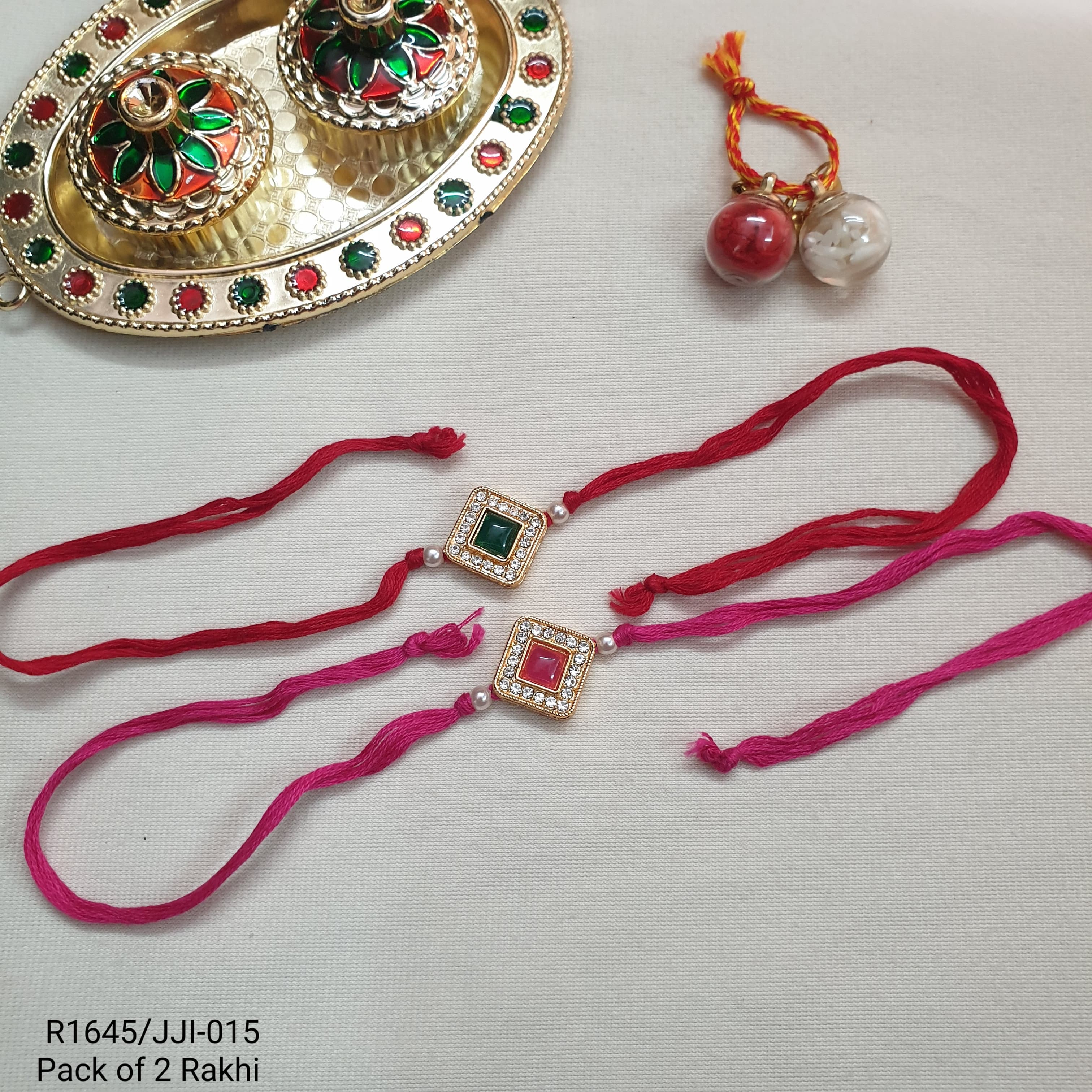 Square Kundan Stone Rakhi For Brother And Sister (Pack Of Two)