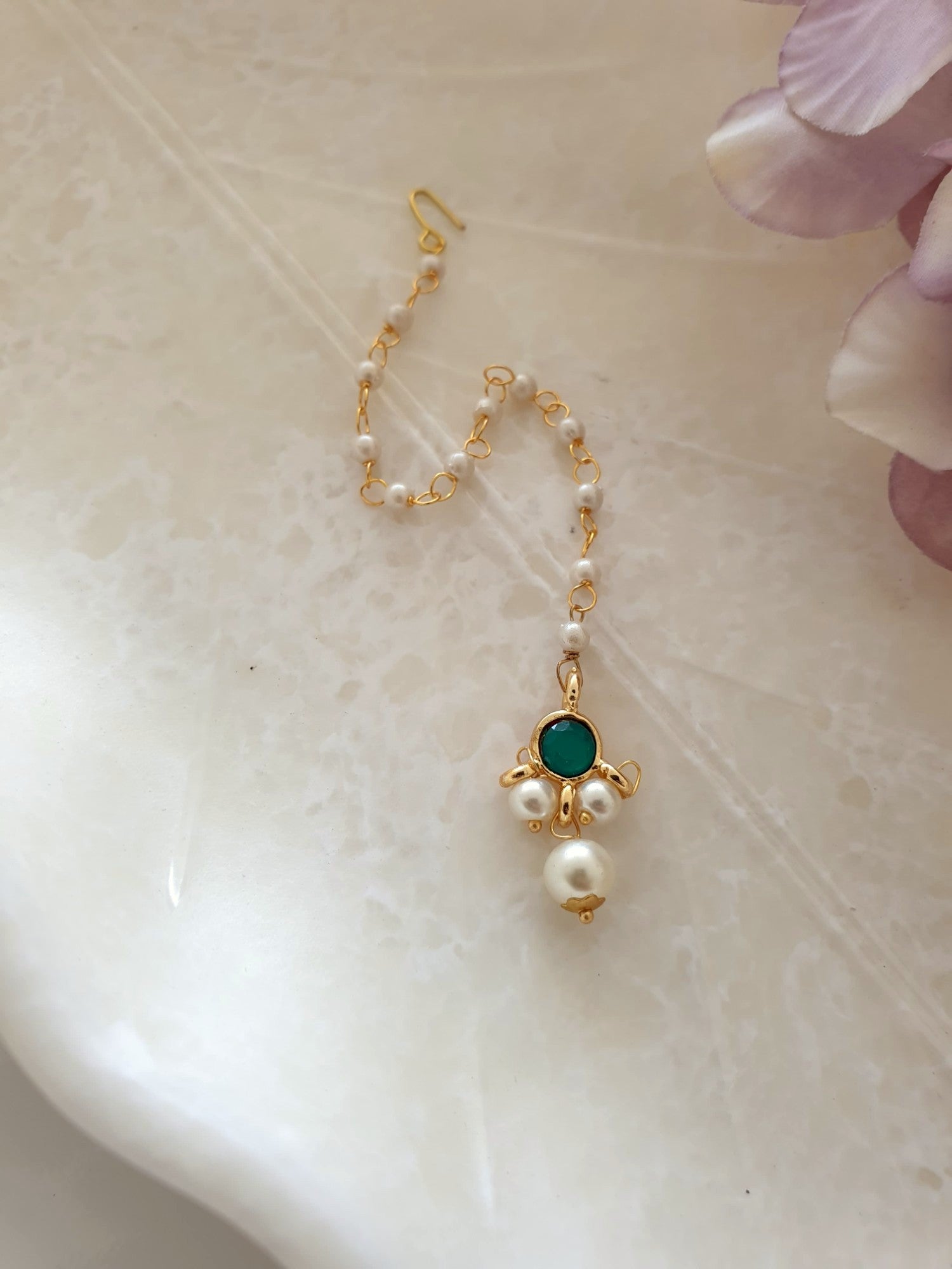 Green Round Stone Meenakari Pearl Beaded Maang Tikka
