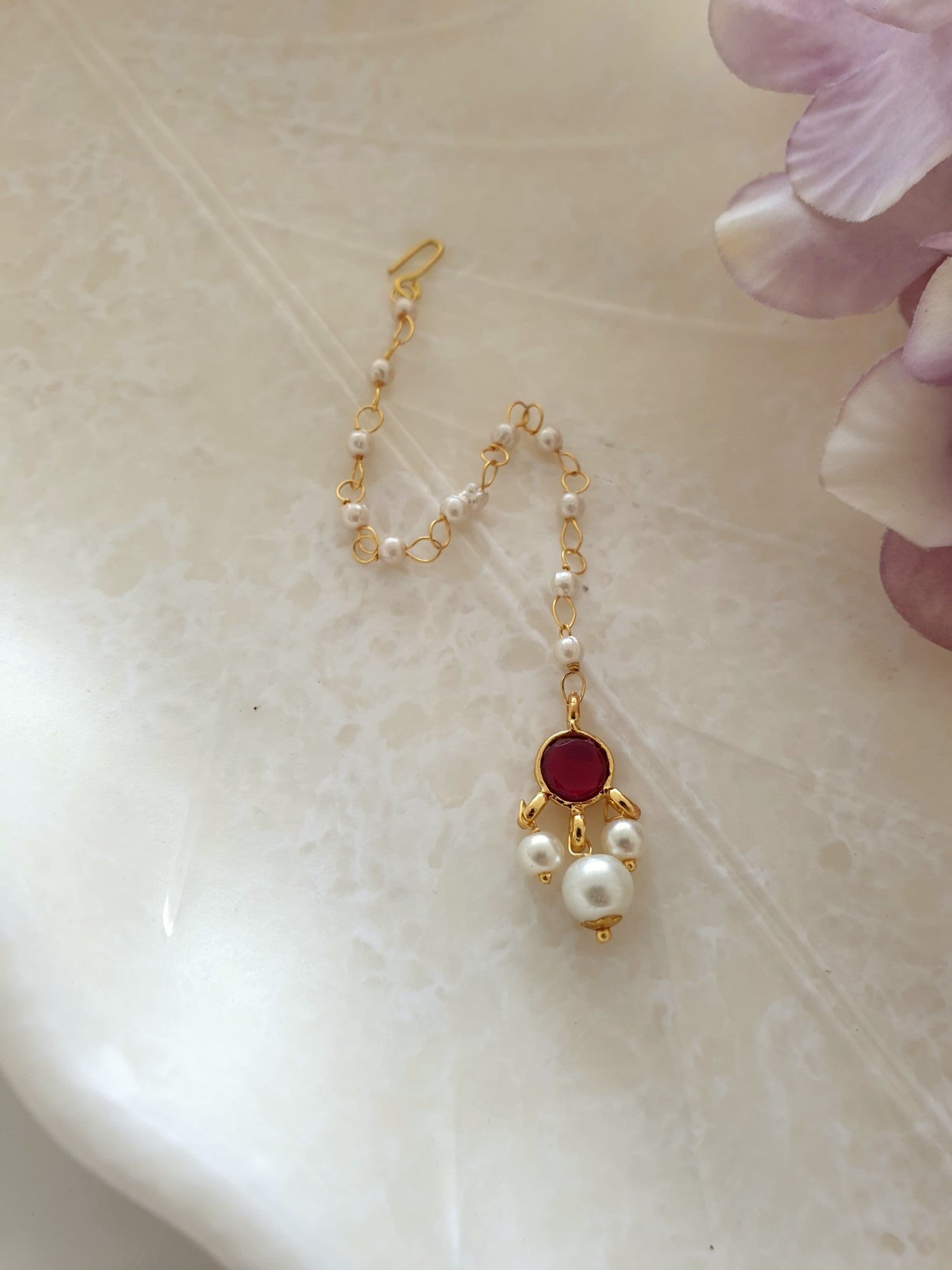 Red Round Stone Meenakari Pearl Beaded Maang Tikka