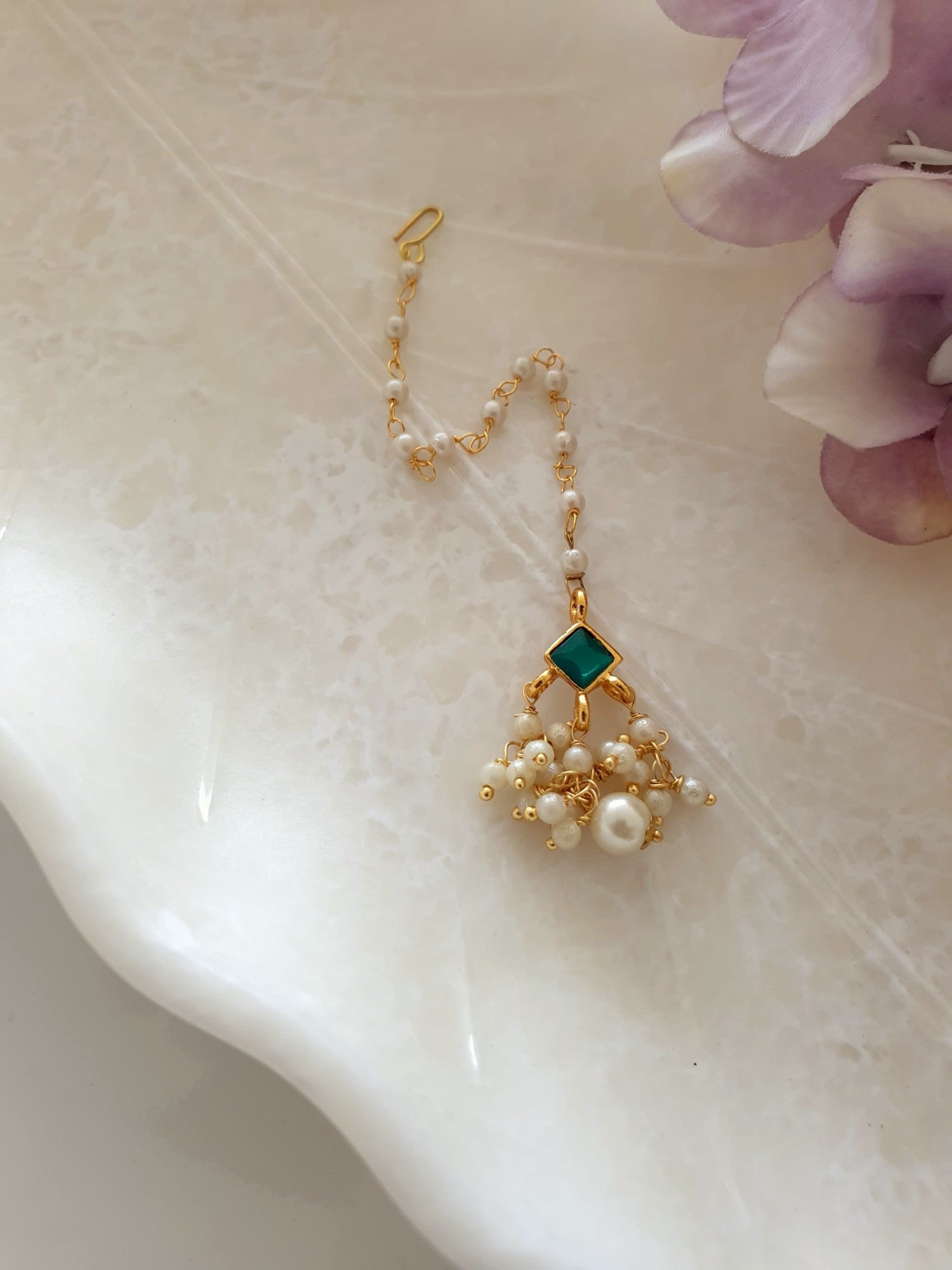 Green Stone Meenakari Pearl Beaded Maang Tikka