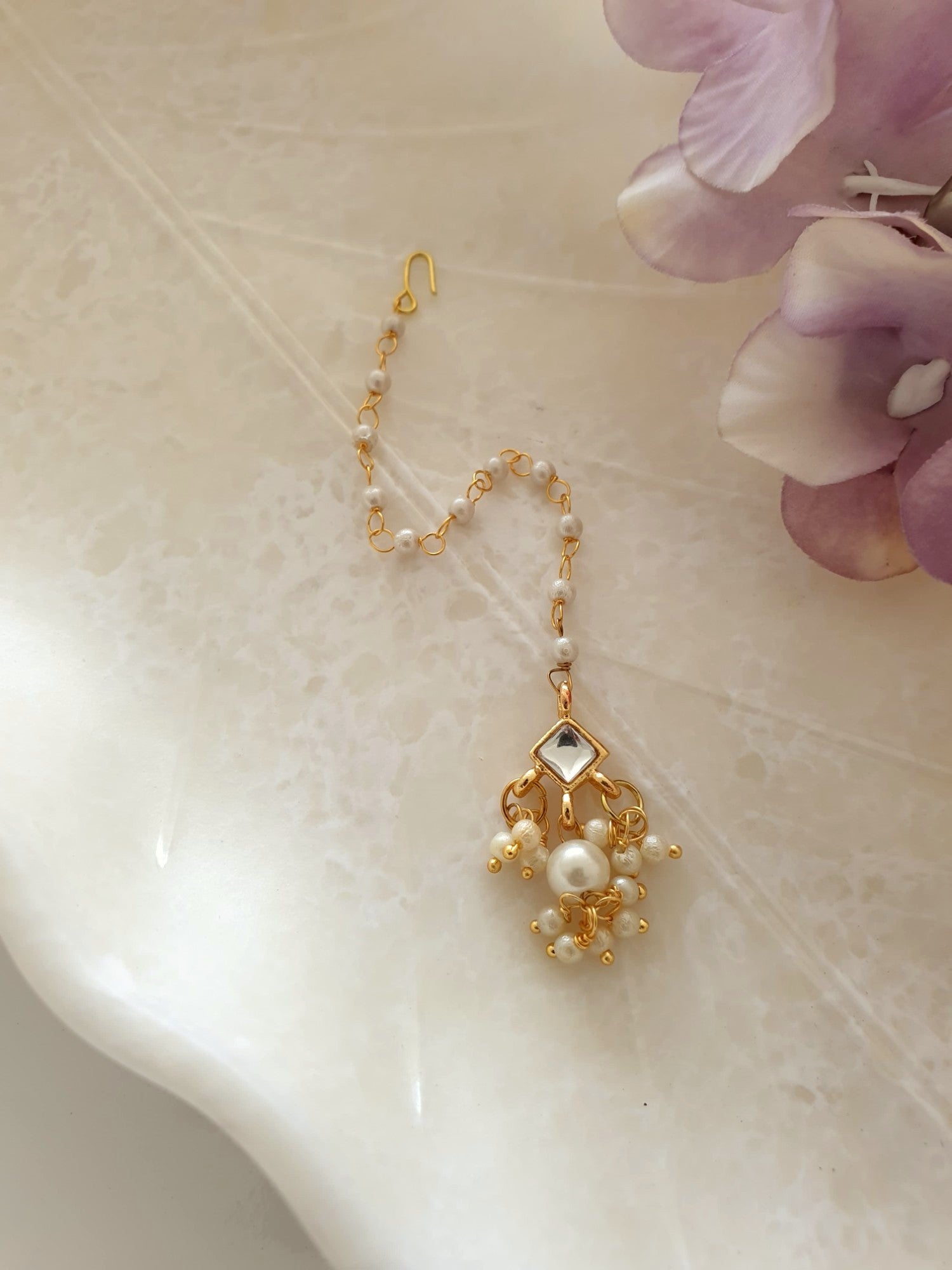 White Stone Meenakari Pearl Beaded Maang Tikka