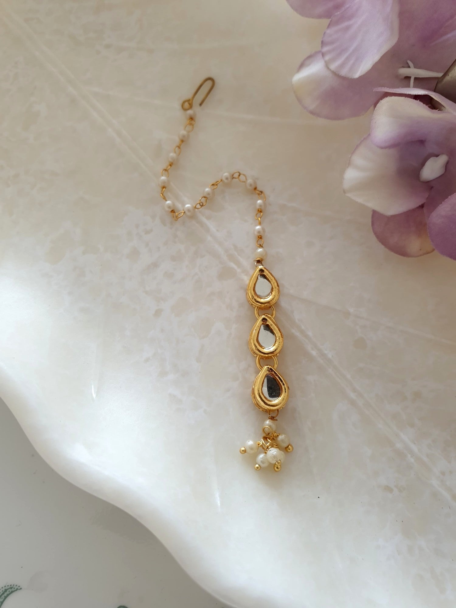 Teardrop Kundan Stone Pearl Beaded Maang Tikka