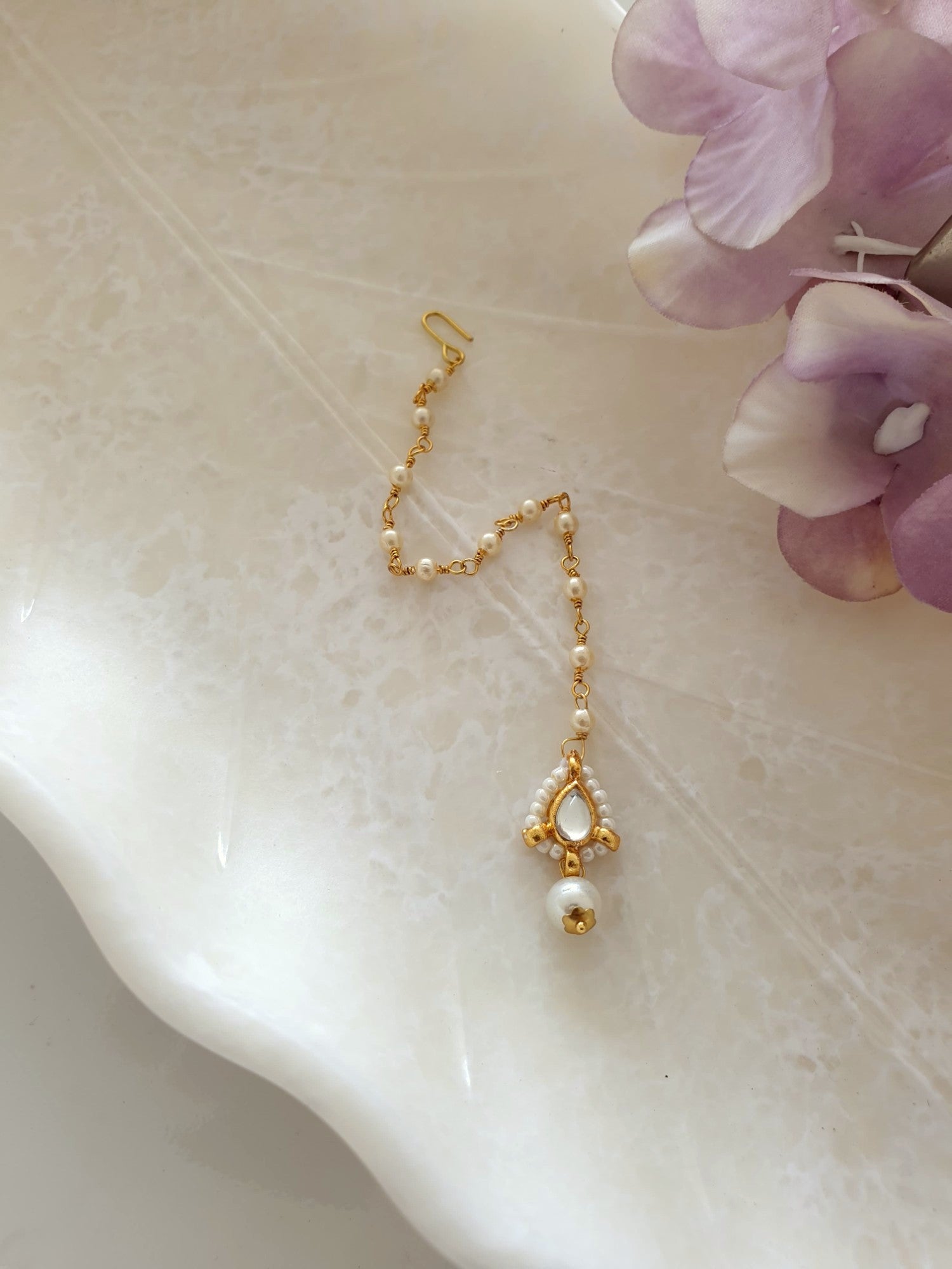Small Kundan Stone Pearl Beaded Maang Tikka