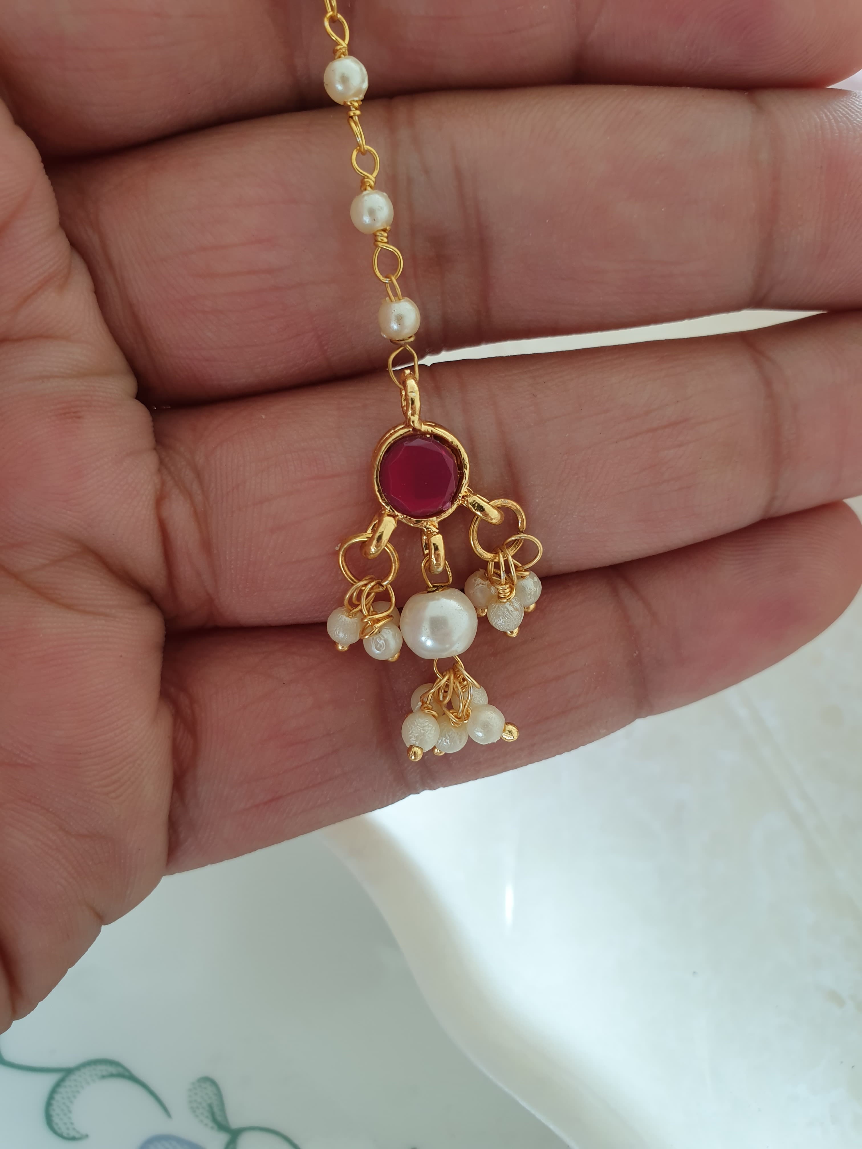 Red Round Stone Pearl Beaded Maang Tikka