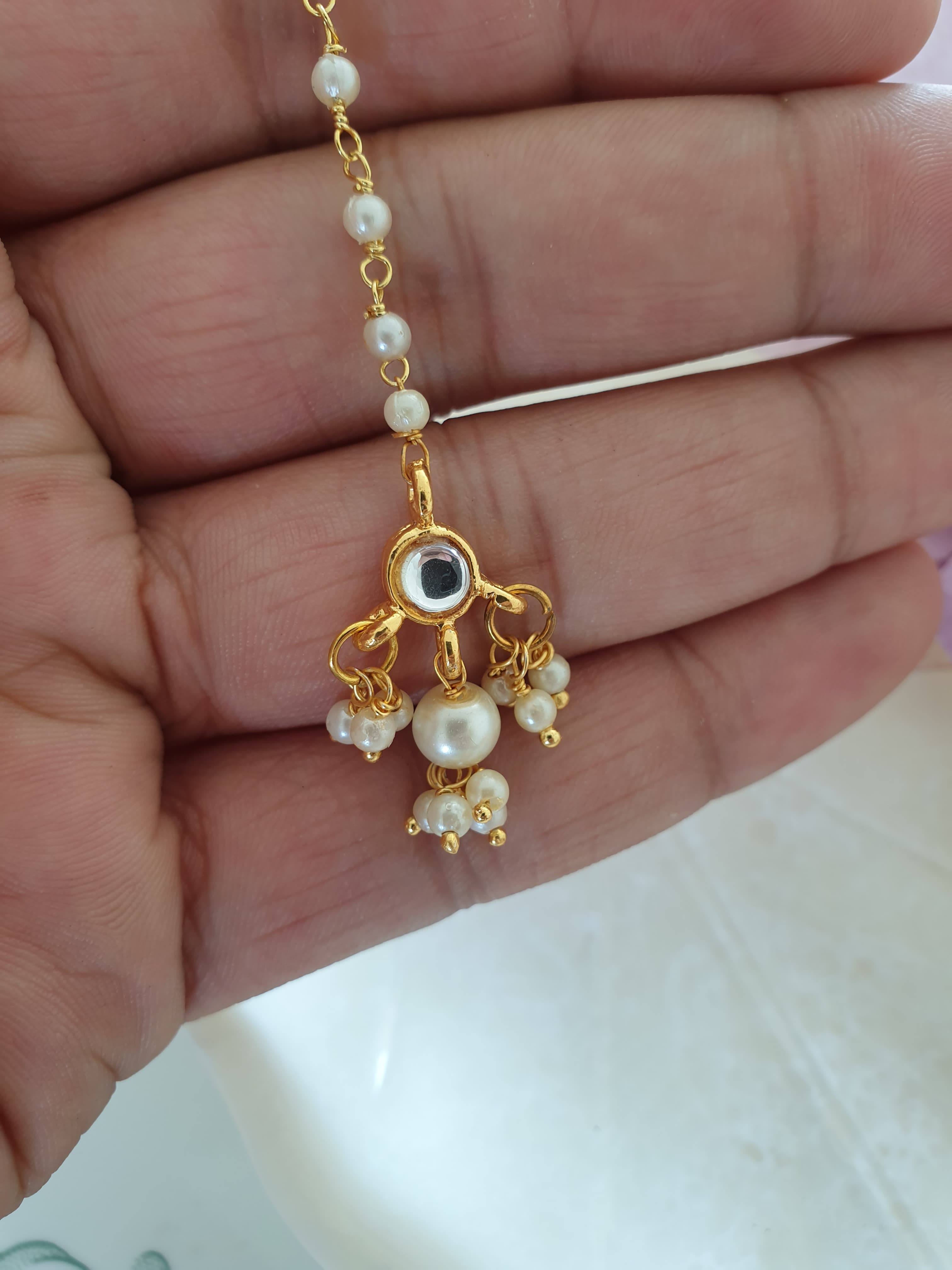 White Round Stone Pearl Beaded Maang Tikka