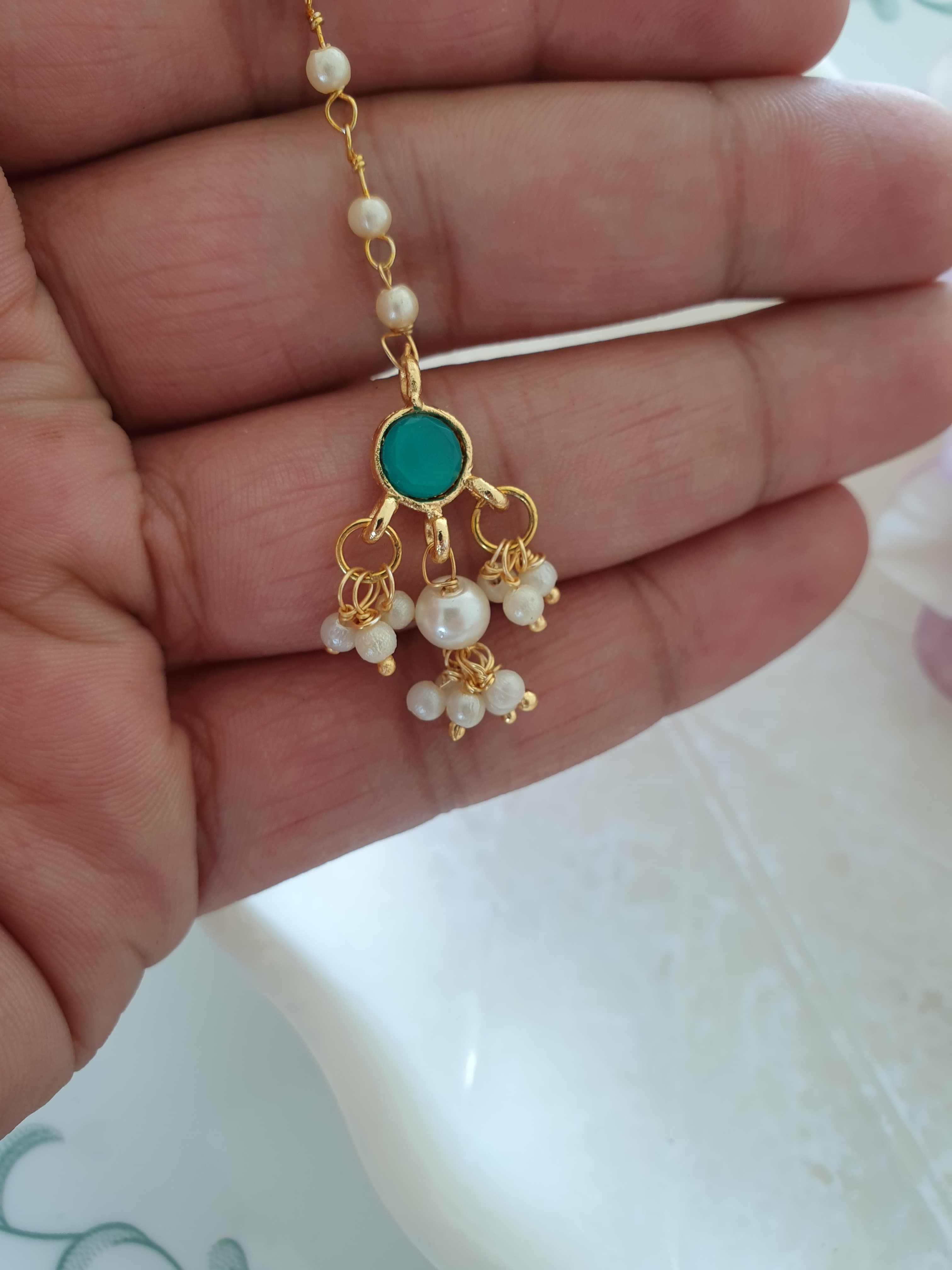 Green Round Stone Pearl Beaded Maang Tikka