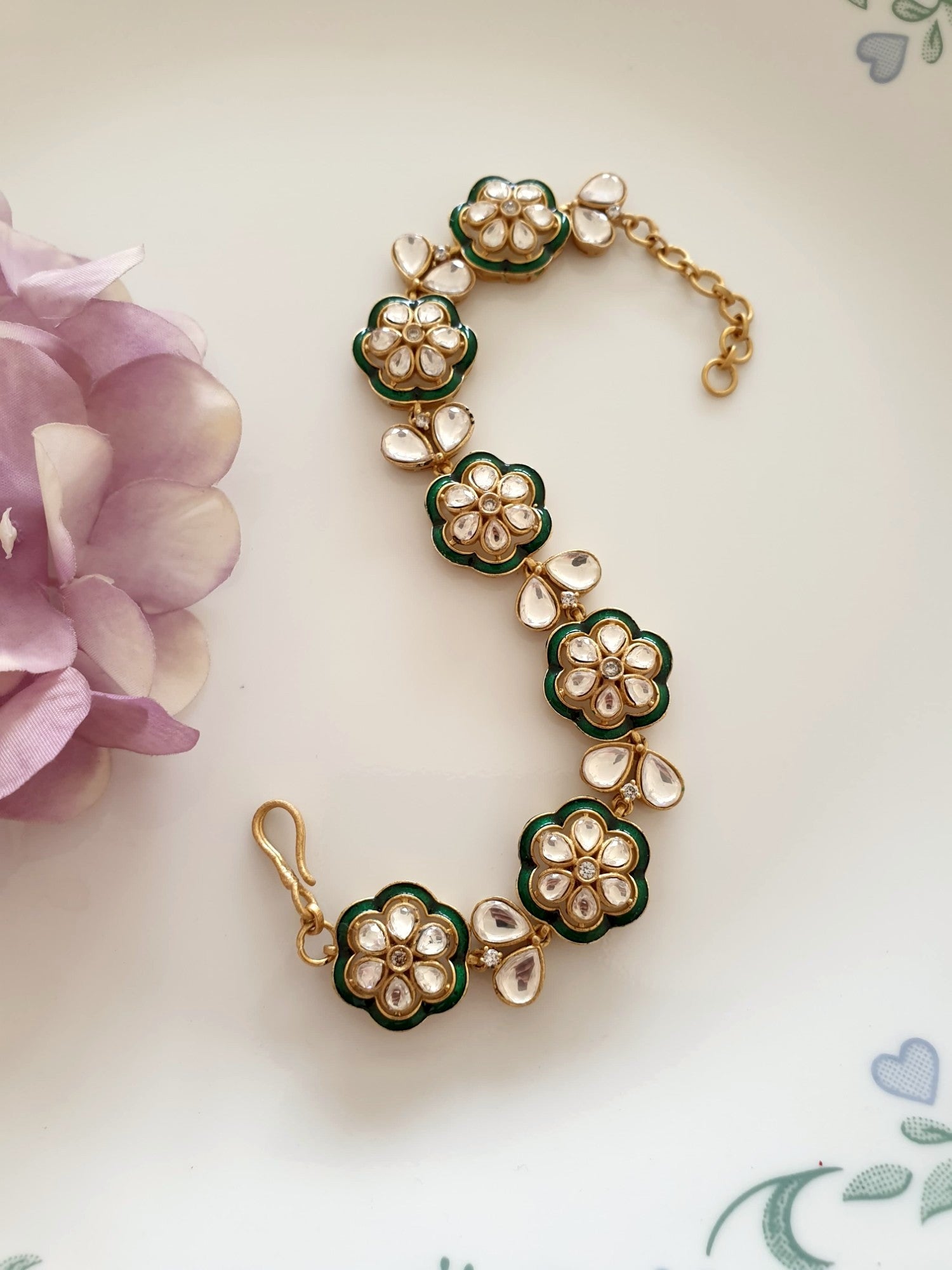 Delicate Floral Kundan Polki Stone Adjustable Bracelet