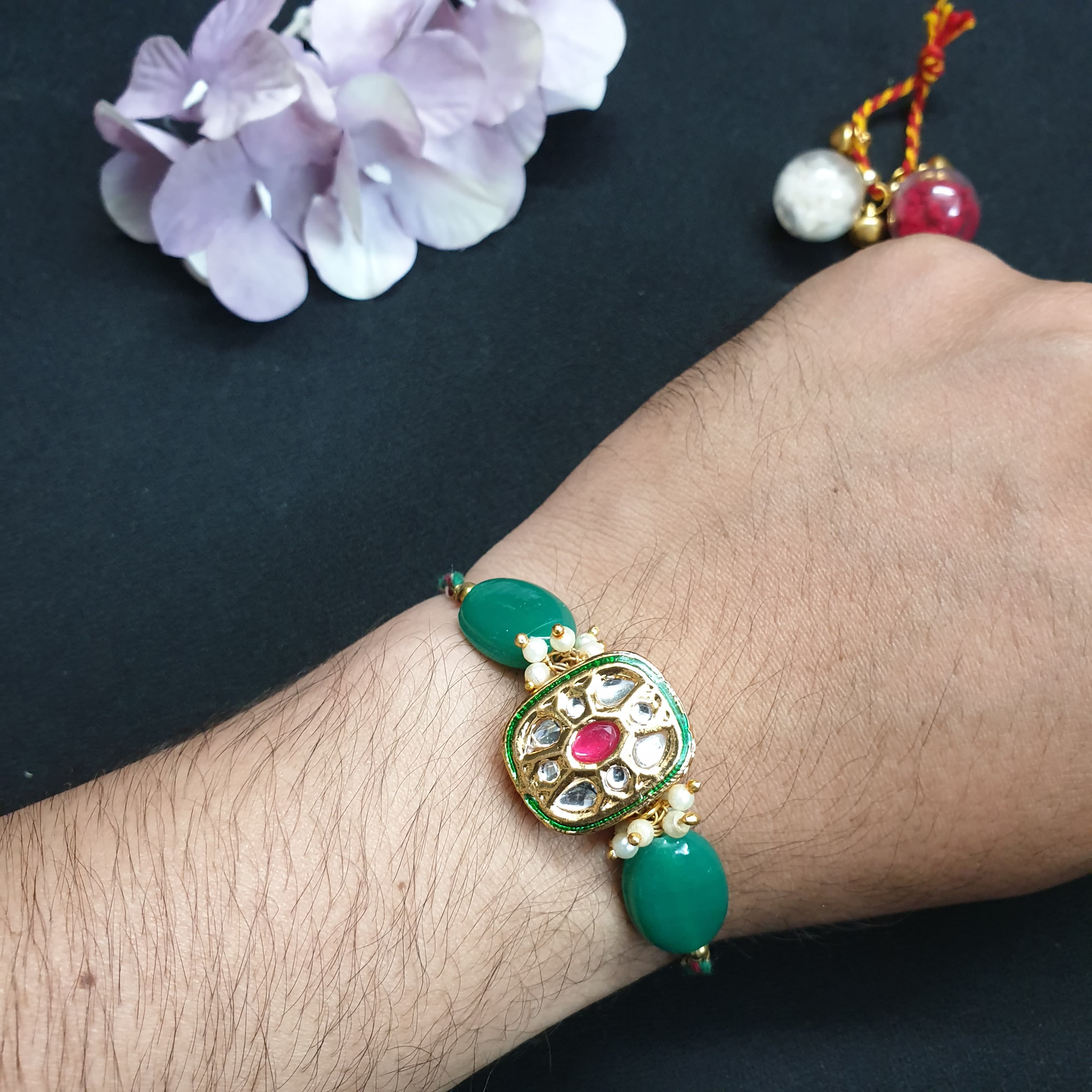 Kundan Green Beaded Rakhi (Pack of One)