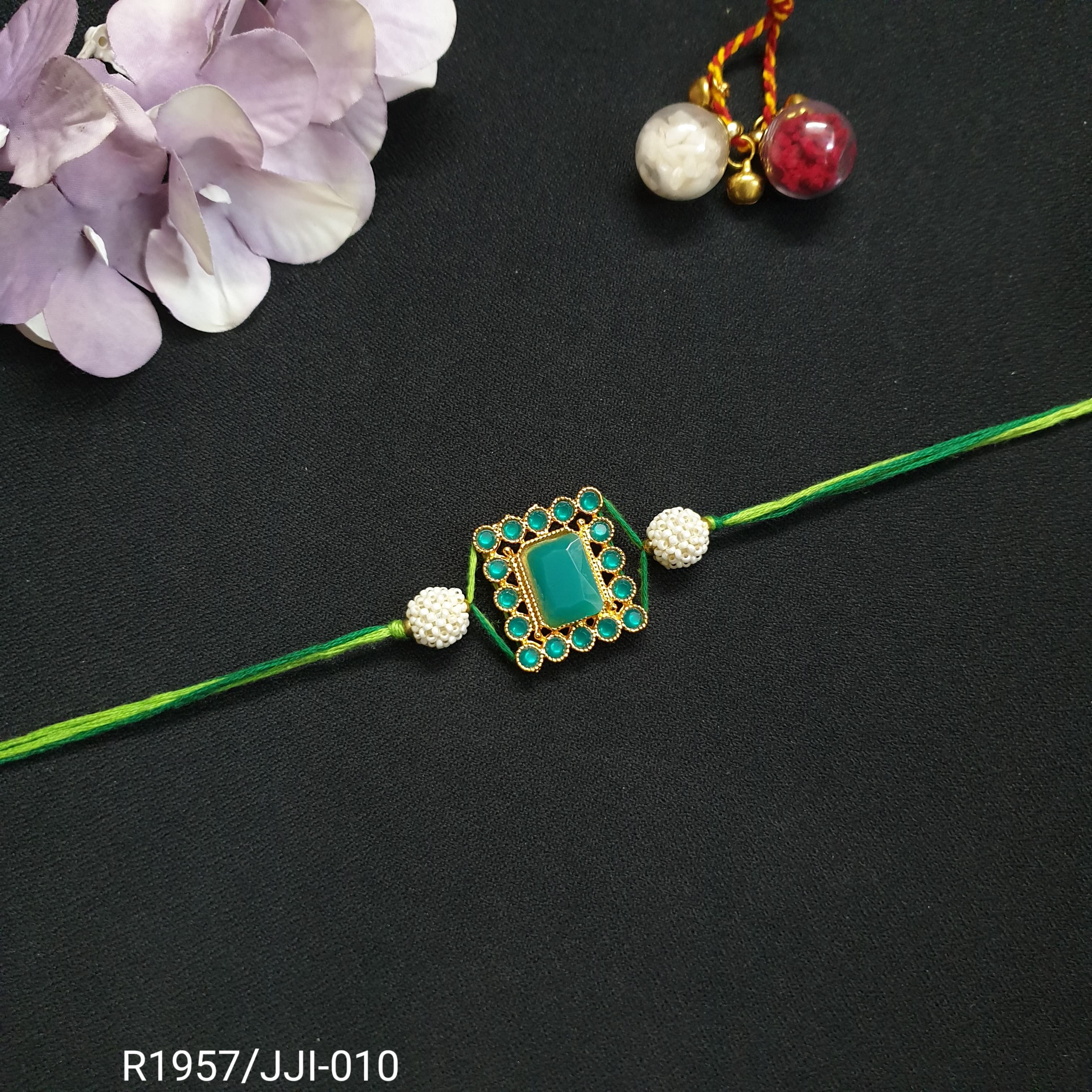Green Stone Rectangle Rakhi (Pack of One)
