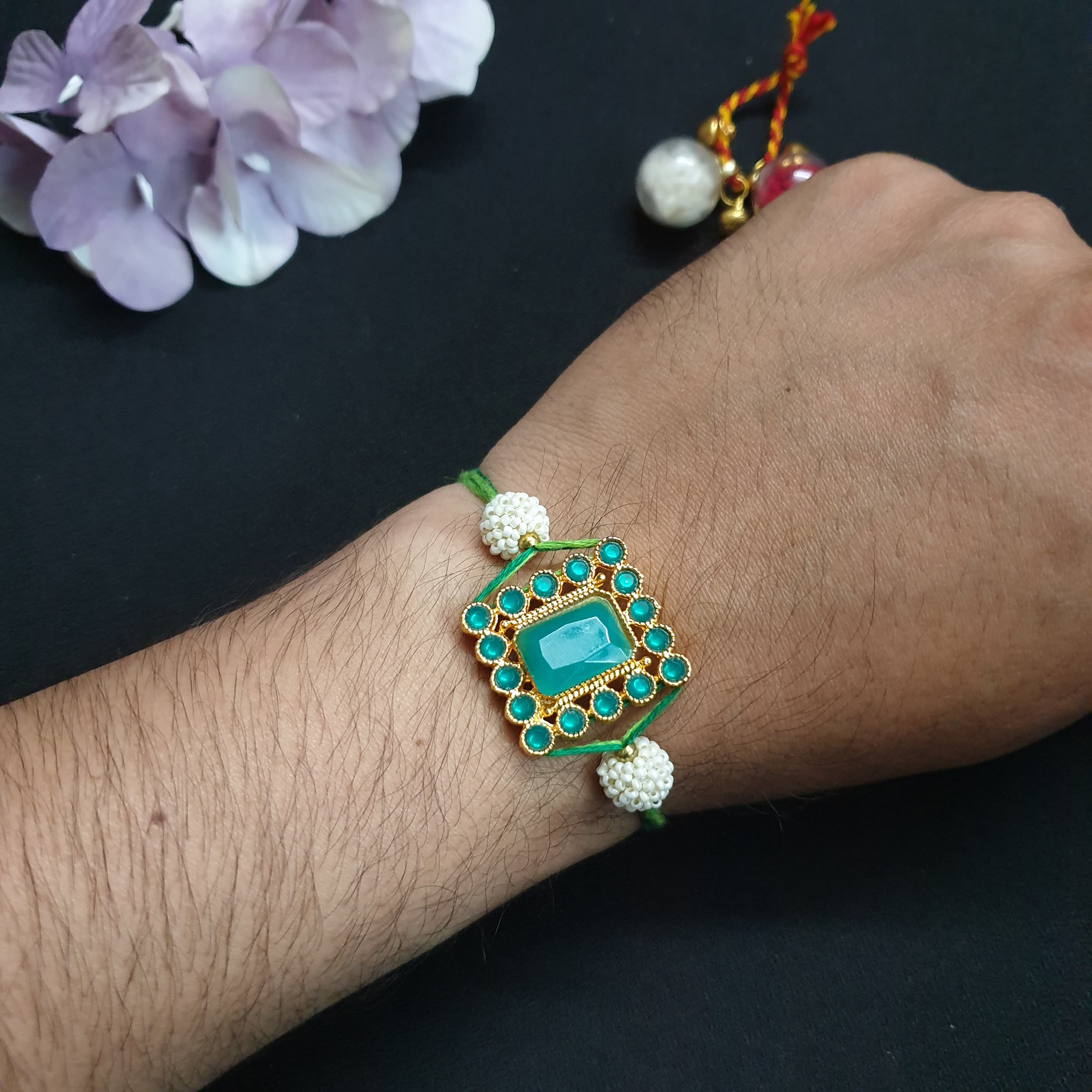 Green Stone Rectangle Rakhi (Pack of One)