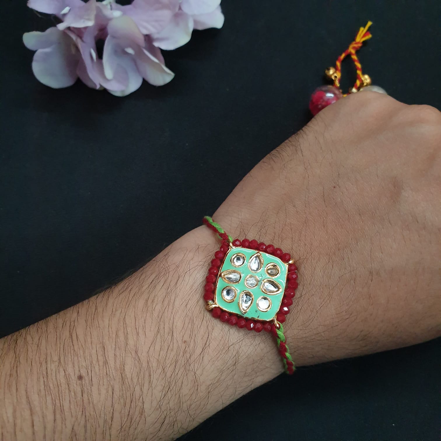 Sea Green Kundan Stone Meenakari Rakhi (Pack of One)
