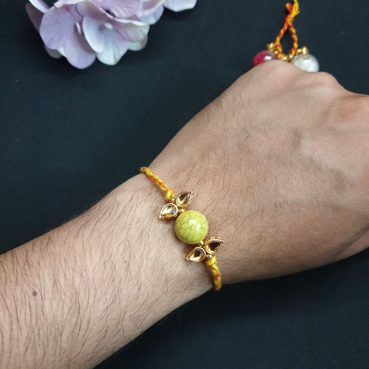 Yellow Beaded Kundan Rakhi (Pack of One)