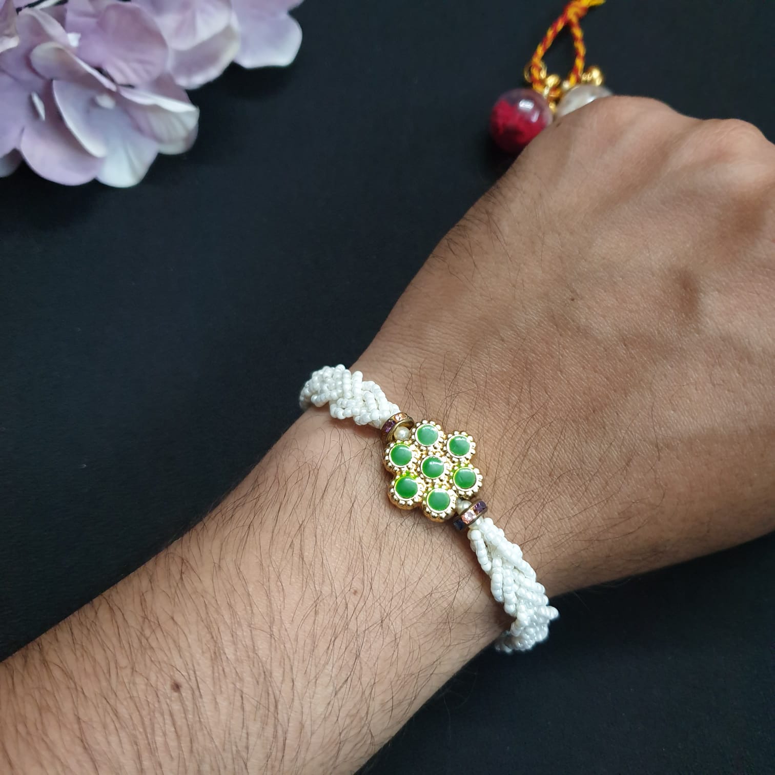 Green Floral Meenakari Pearl Bracelet Rakhi (Pack of One)