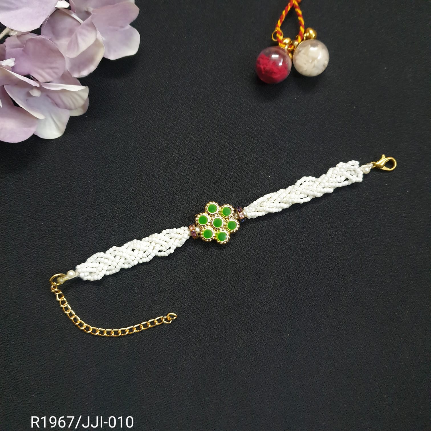 Green Floral Meenakari Pearl Bracelet Rakhi (Pack of One)