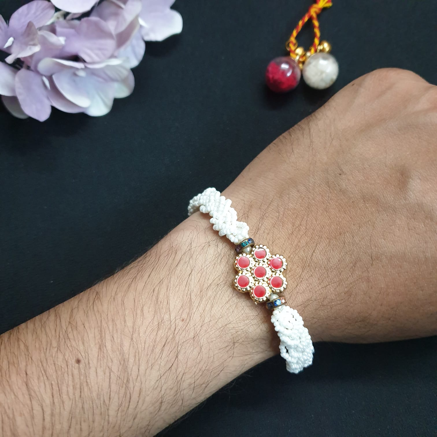 Red Floral Meenakari Pearl Bracelet Rakhi (Pack of One)