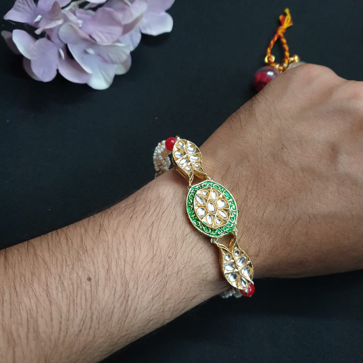 Green Kundan Meenakari Pearl Rakhi (Pack of One)