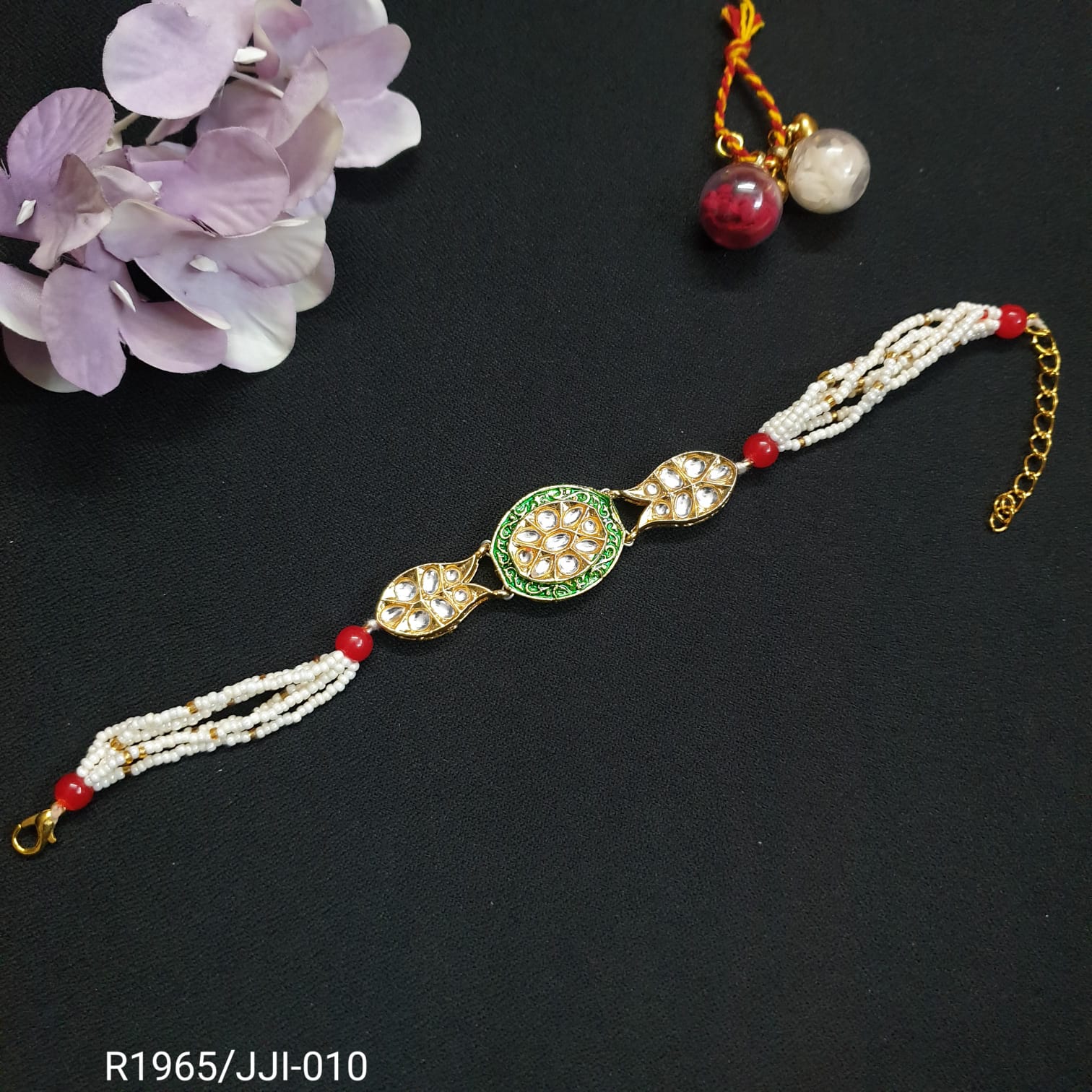Green Kundan Meenakari Pearl Rakhi (Pack of One)