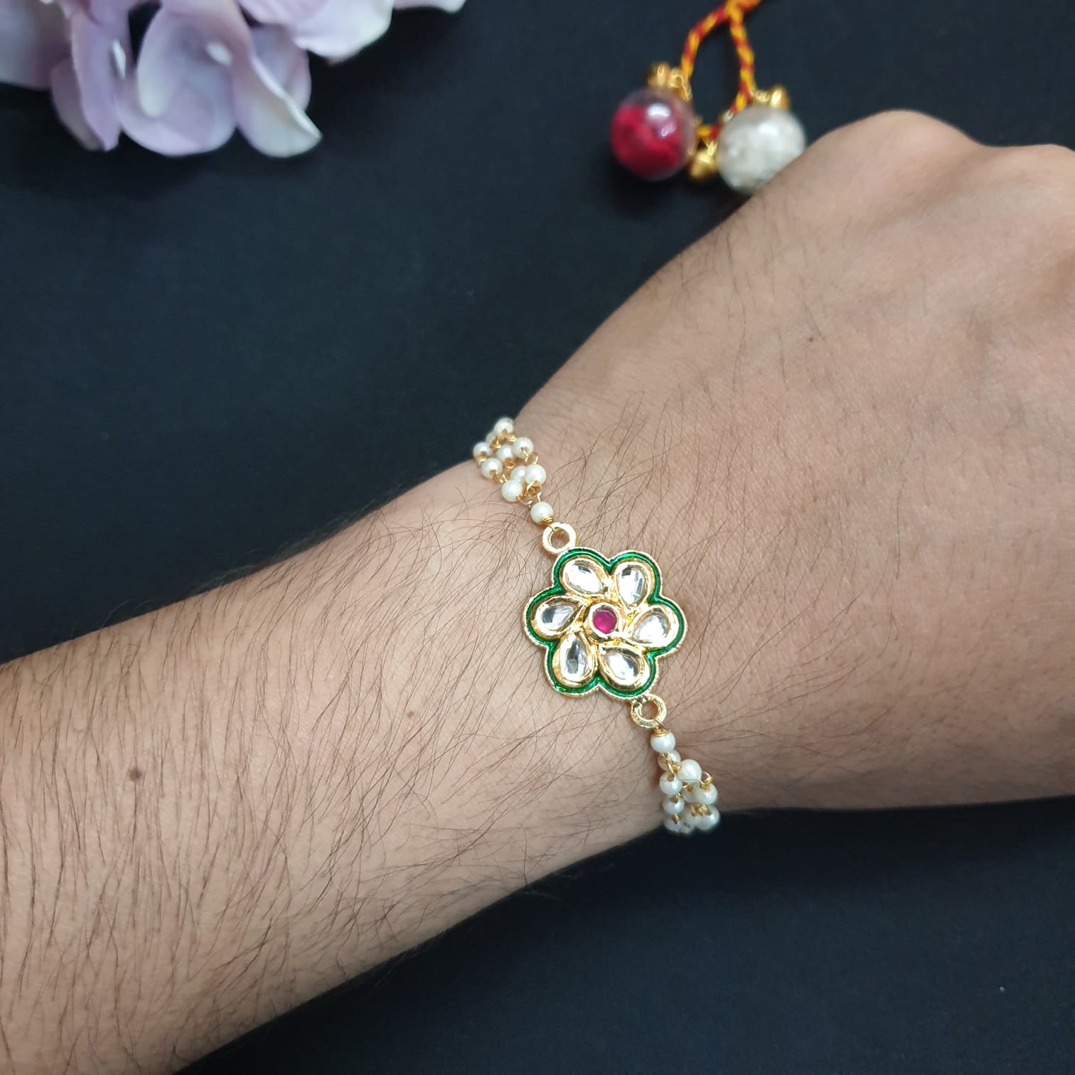 Kundan Floral Pearl Bracelet Rakhi (Pack of One)