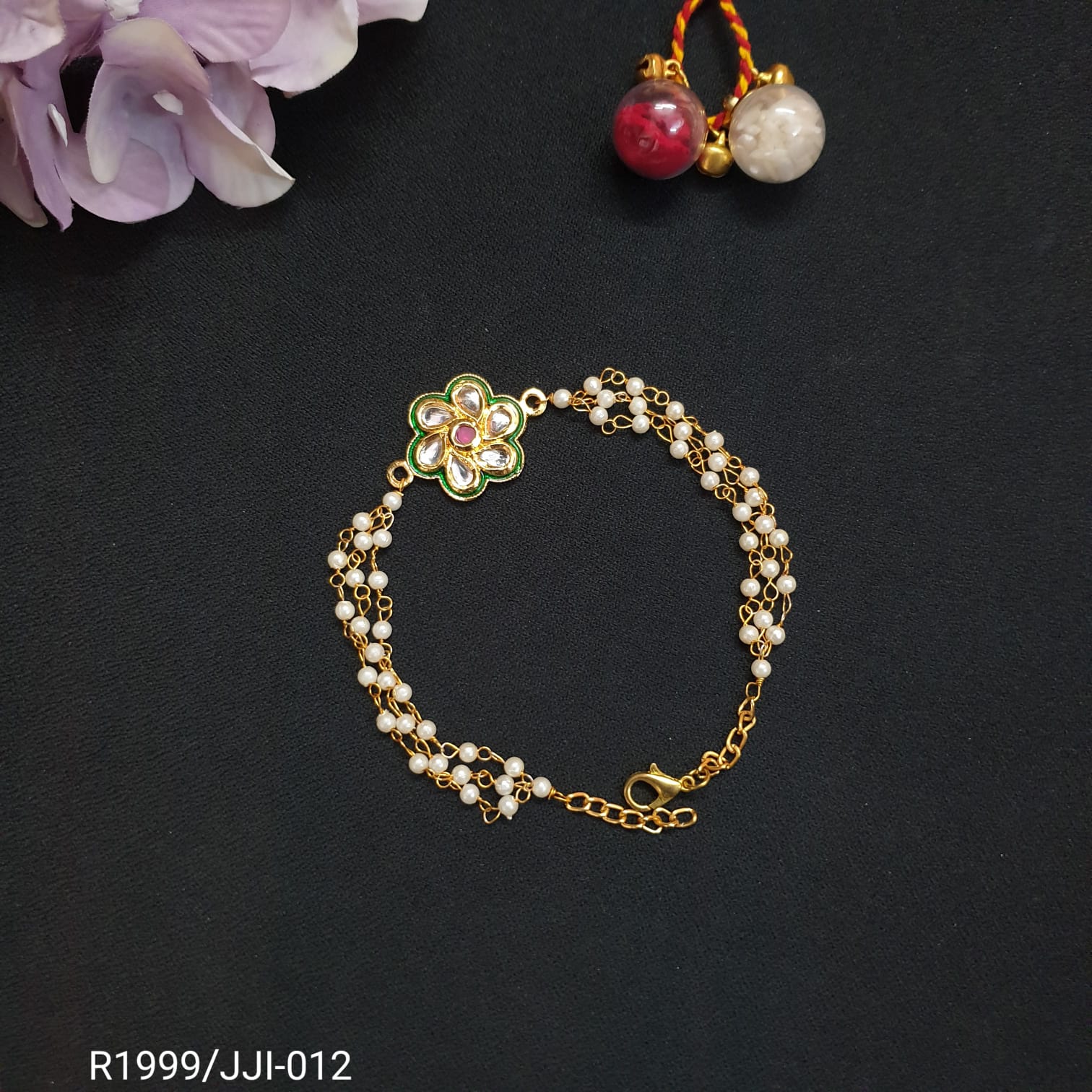 Kundan Floral Pearl Bracelet Rakhi (Pack of One)