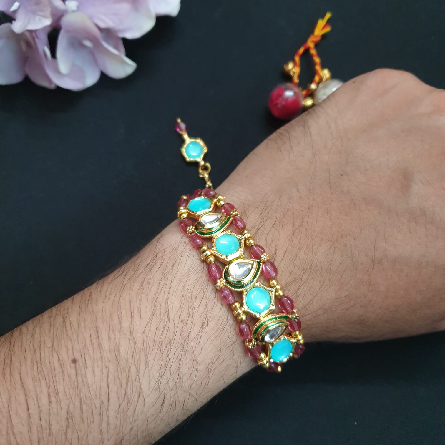 Turquoise Stone Kundan Bracelet Rakhi (Pack of One)