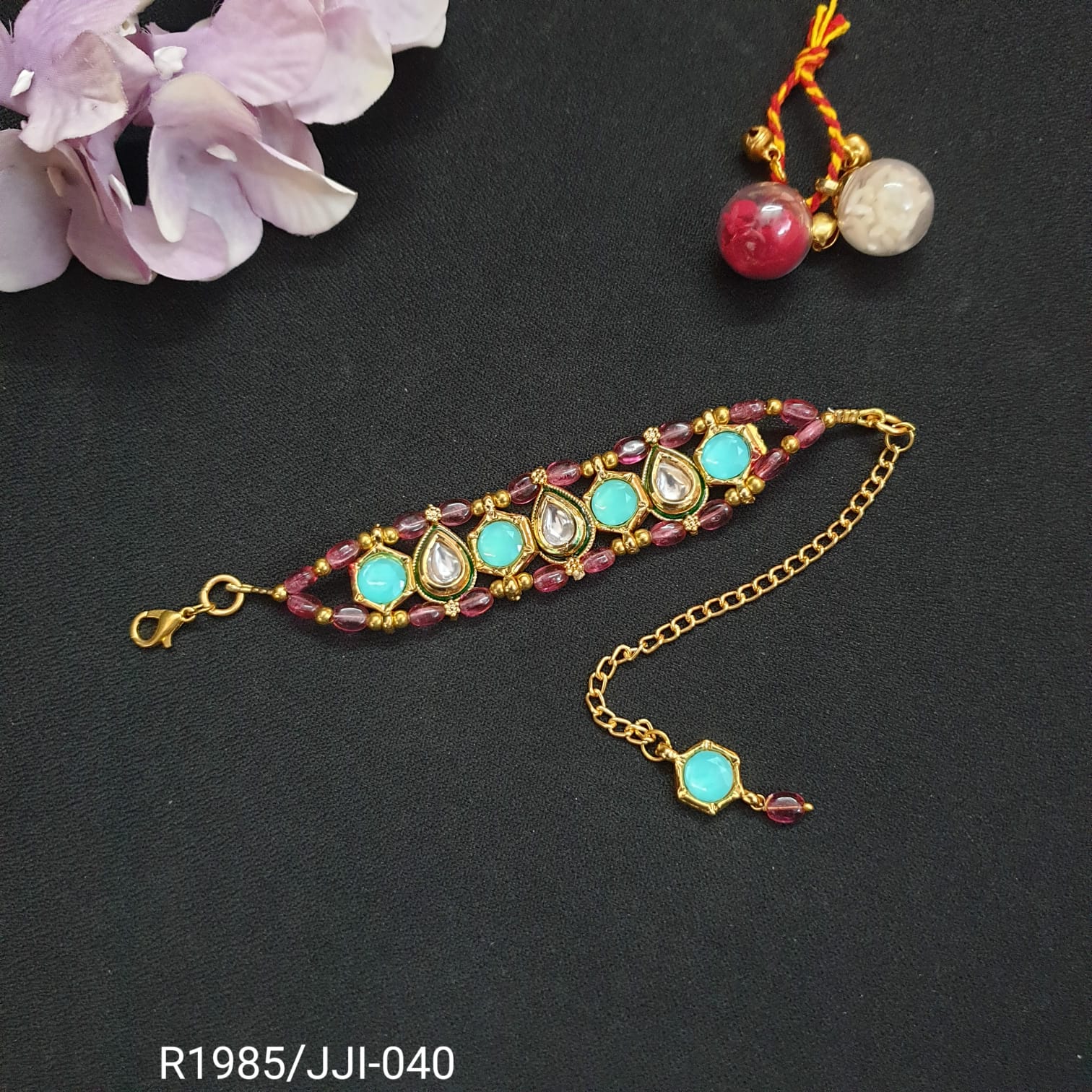 Turquoise Stone Kundan Bracelet Rakhi (Pack of One)