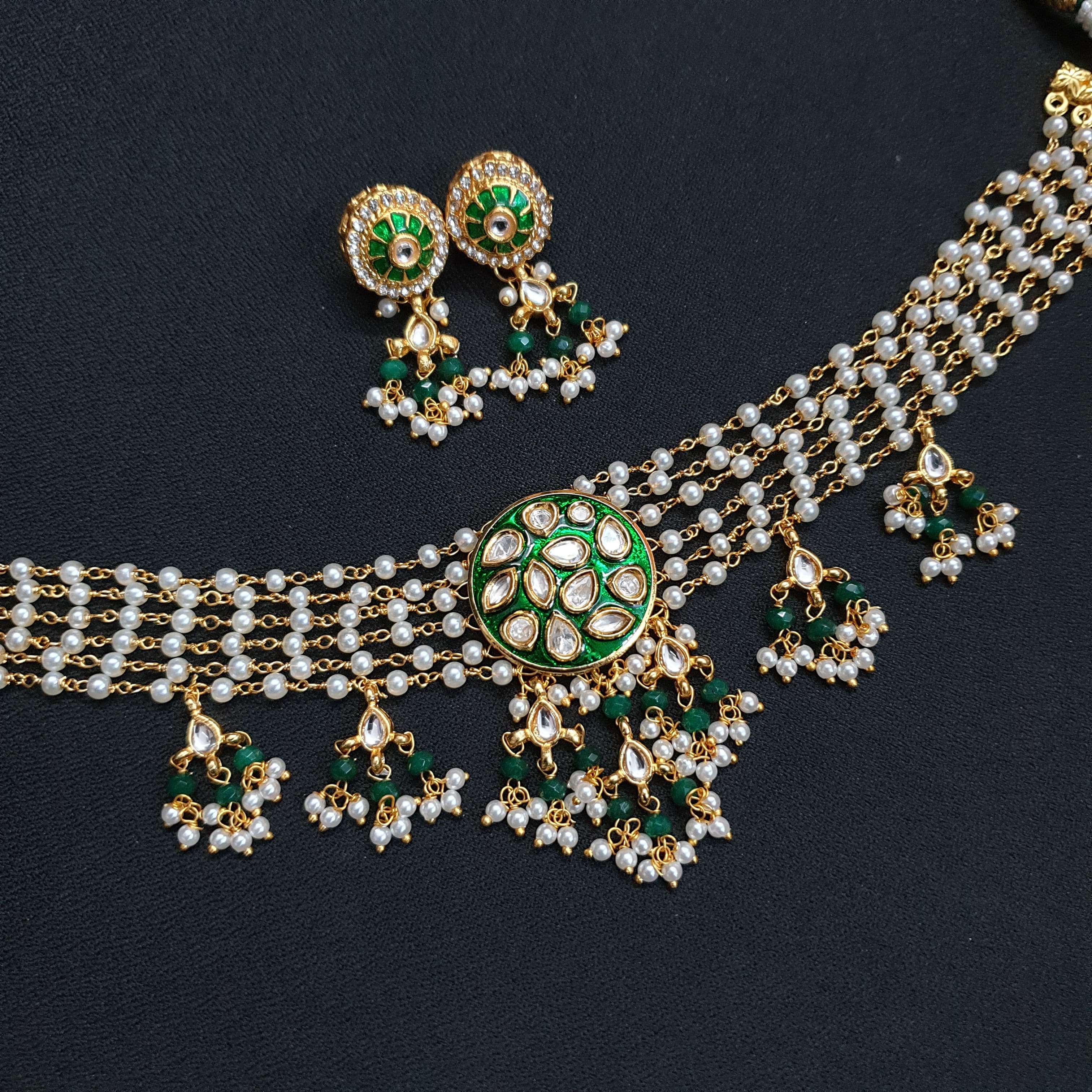 Green Polki Meenakari Choker Set With Earrings