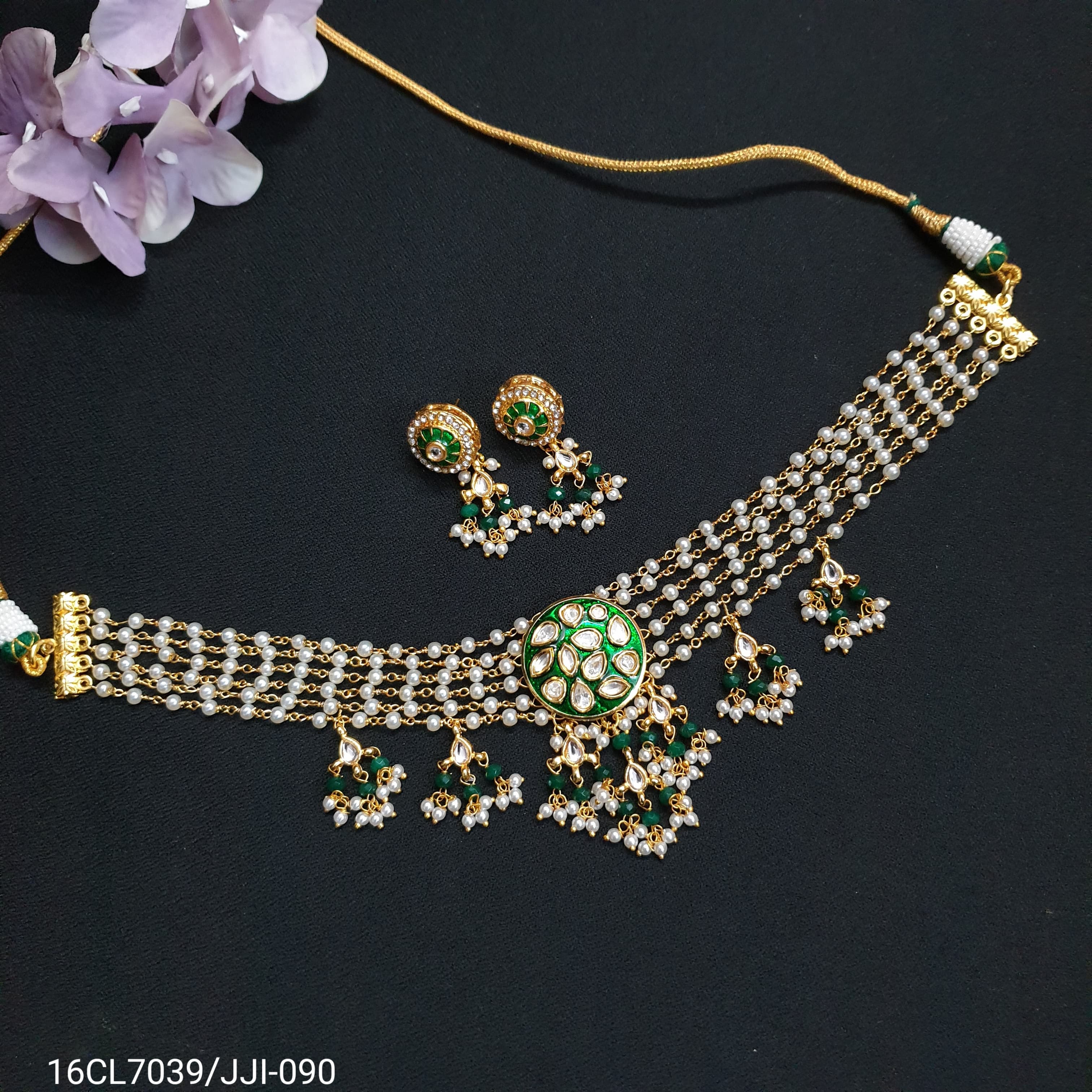 Green Polki Meenakari Choker Set With Earrings