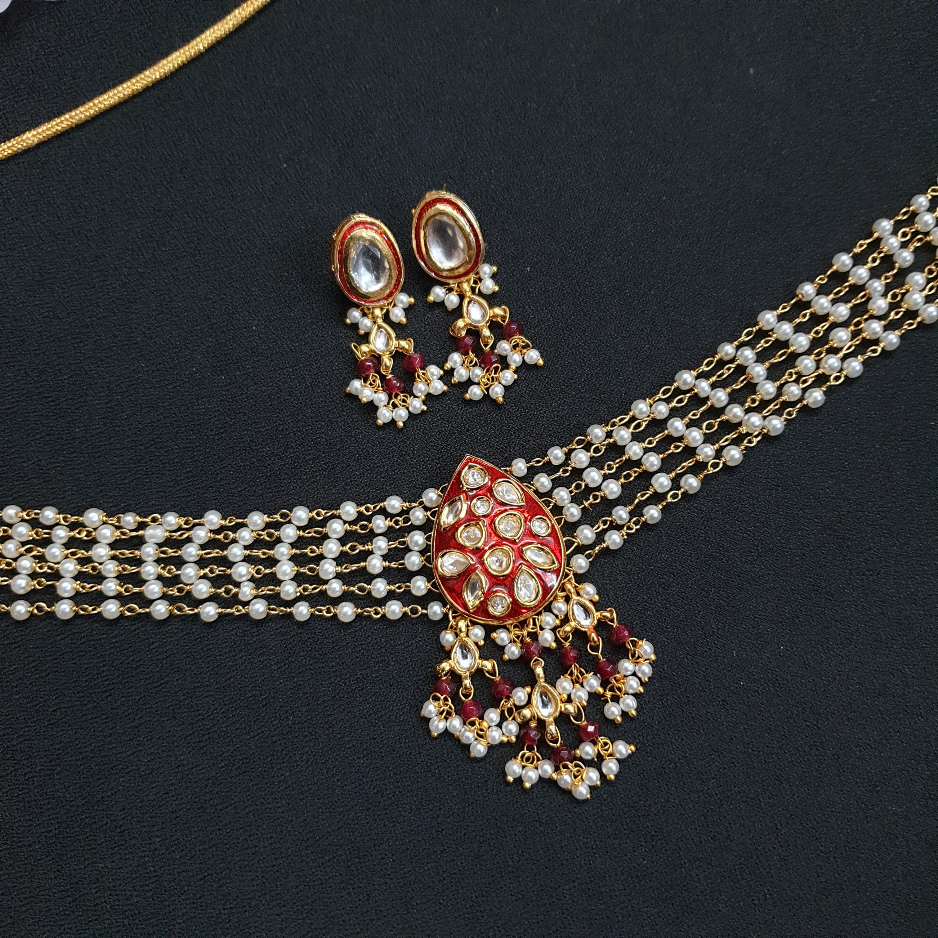 Red Polki Meenakari Choker Set With Earrings