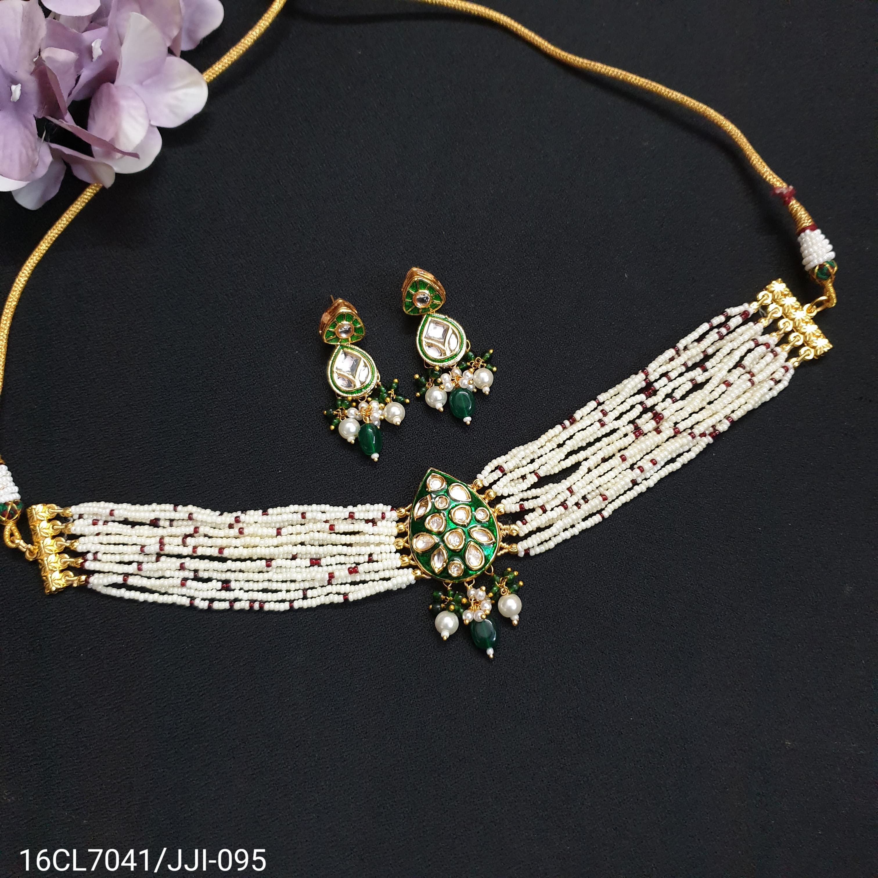 Green Polki Meenakari Pearl Choker Set With Earrings