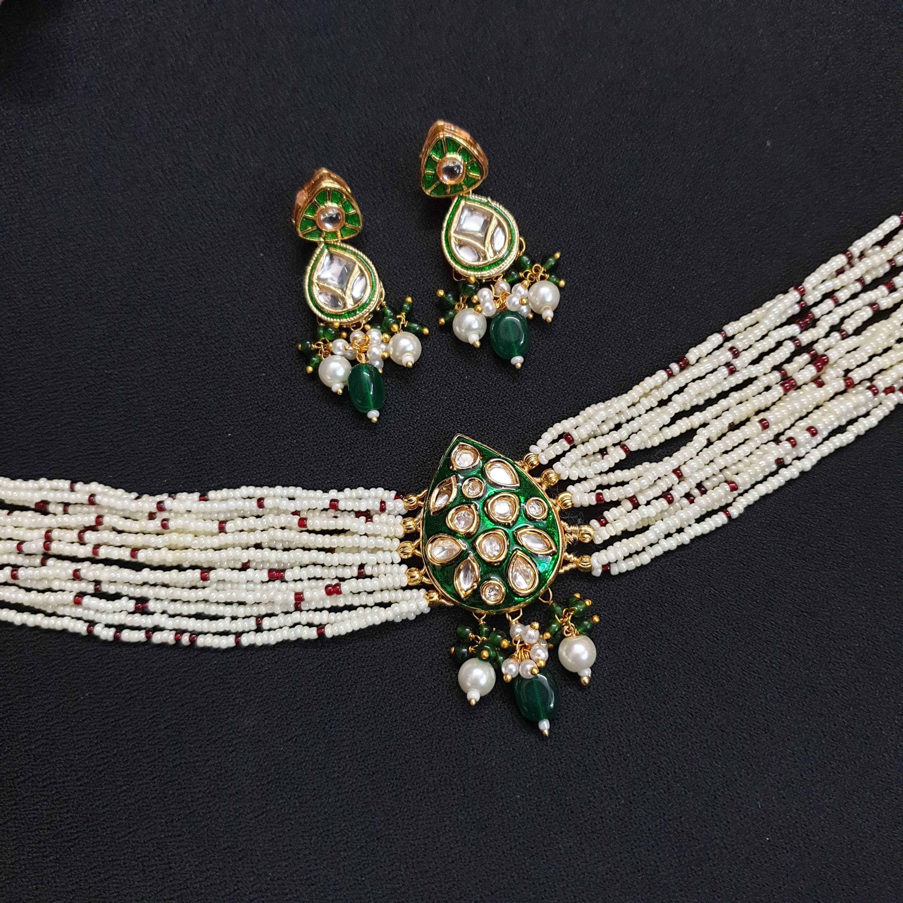 Green Polki Meenakari Pearl Choker Set With Earrings
