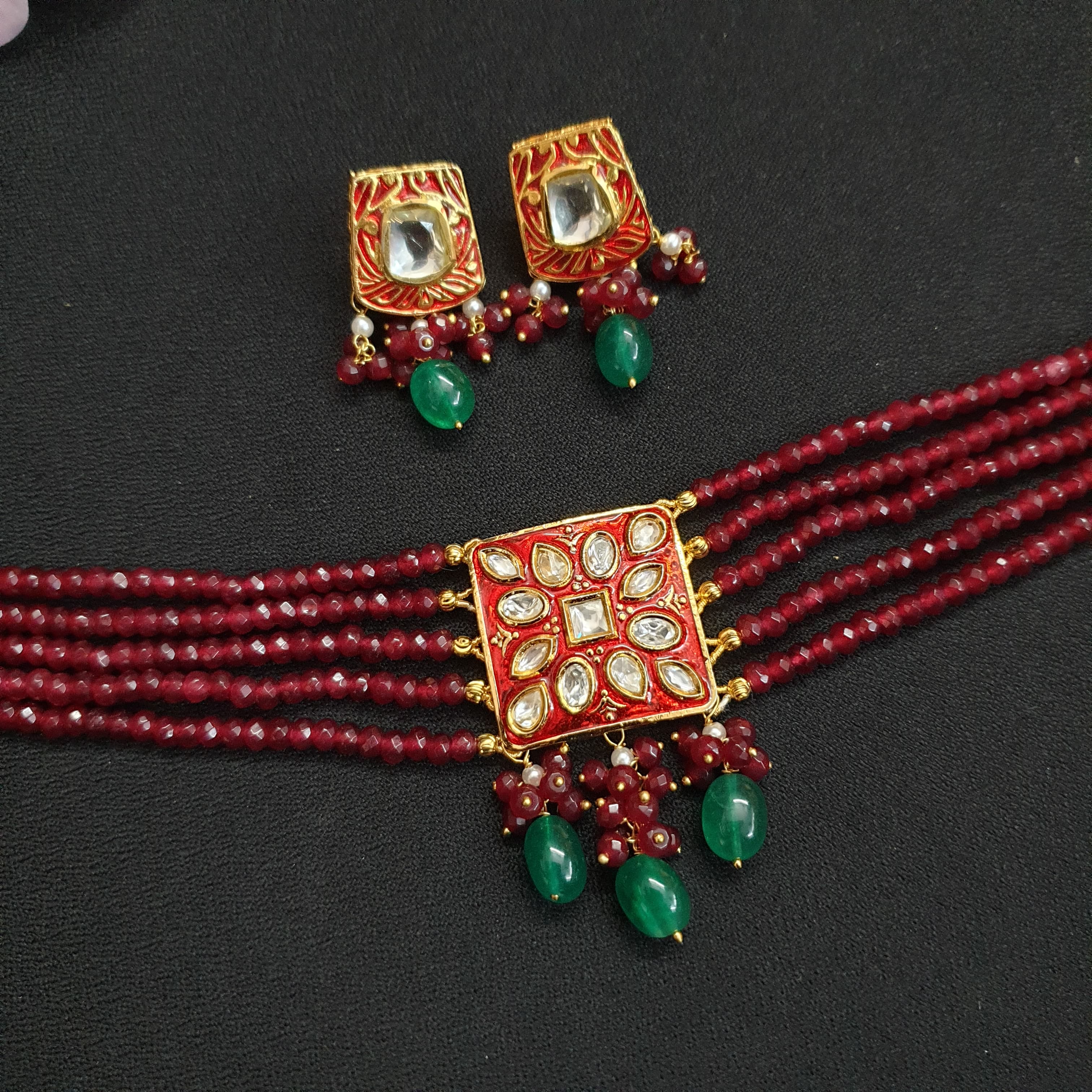 Red Kundan Meenakari Choker Set With Earrings