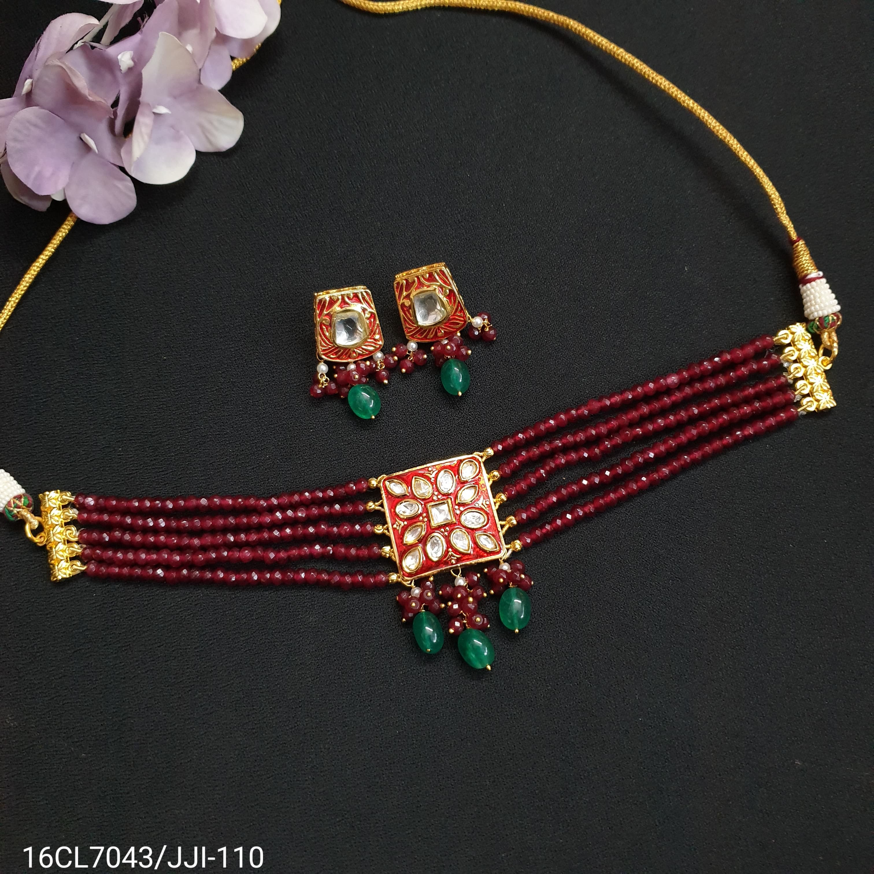 Red Kundan Meenakari Choker Set With Earrings