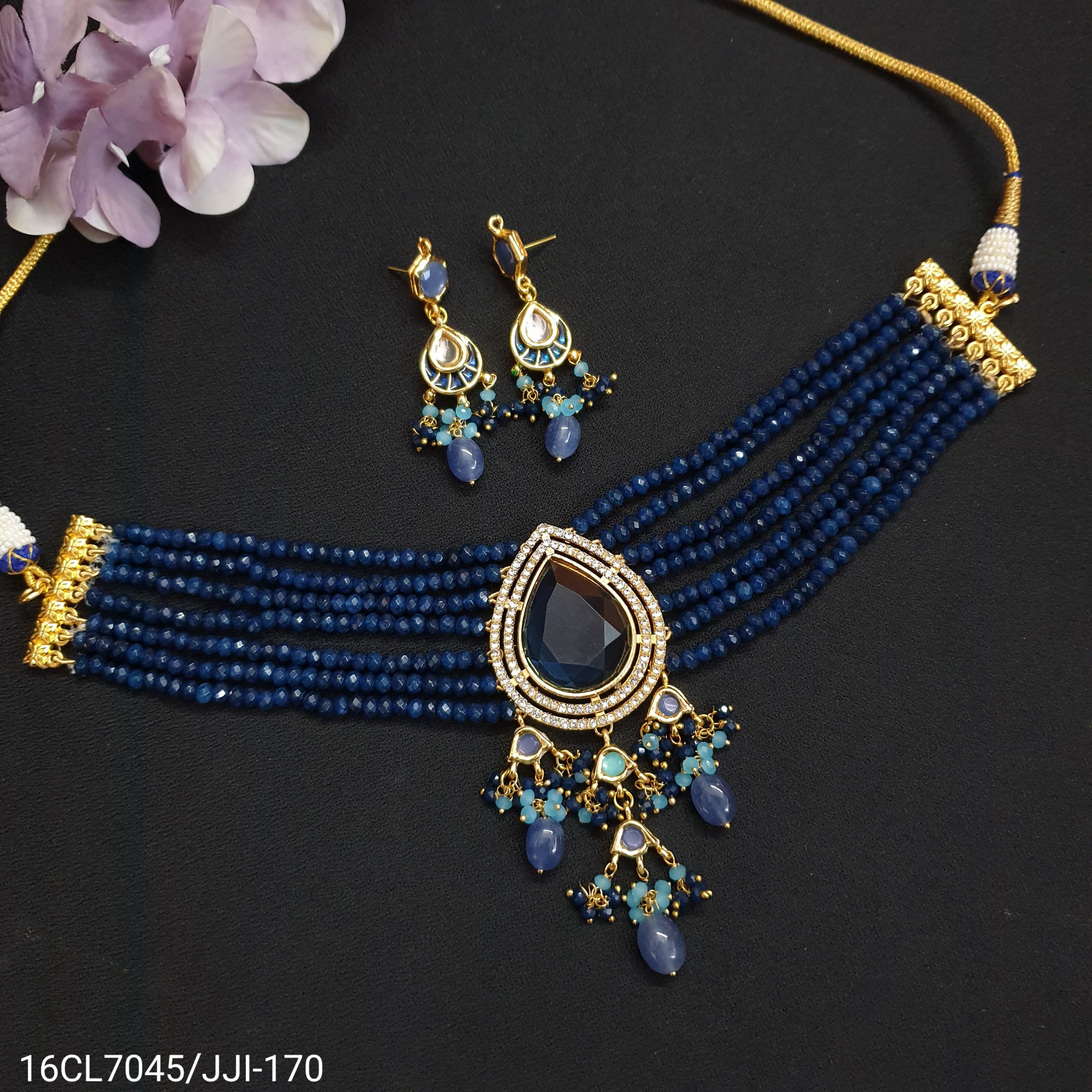 Blue AD Stone Choker Set With Earrings