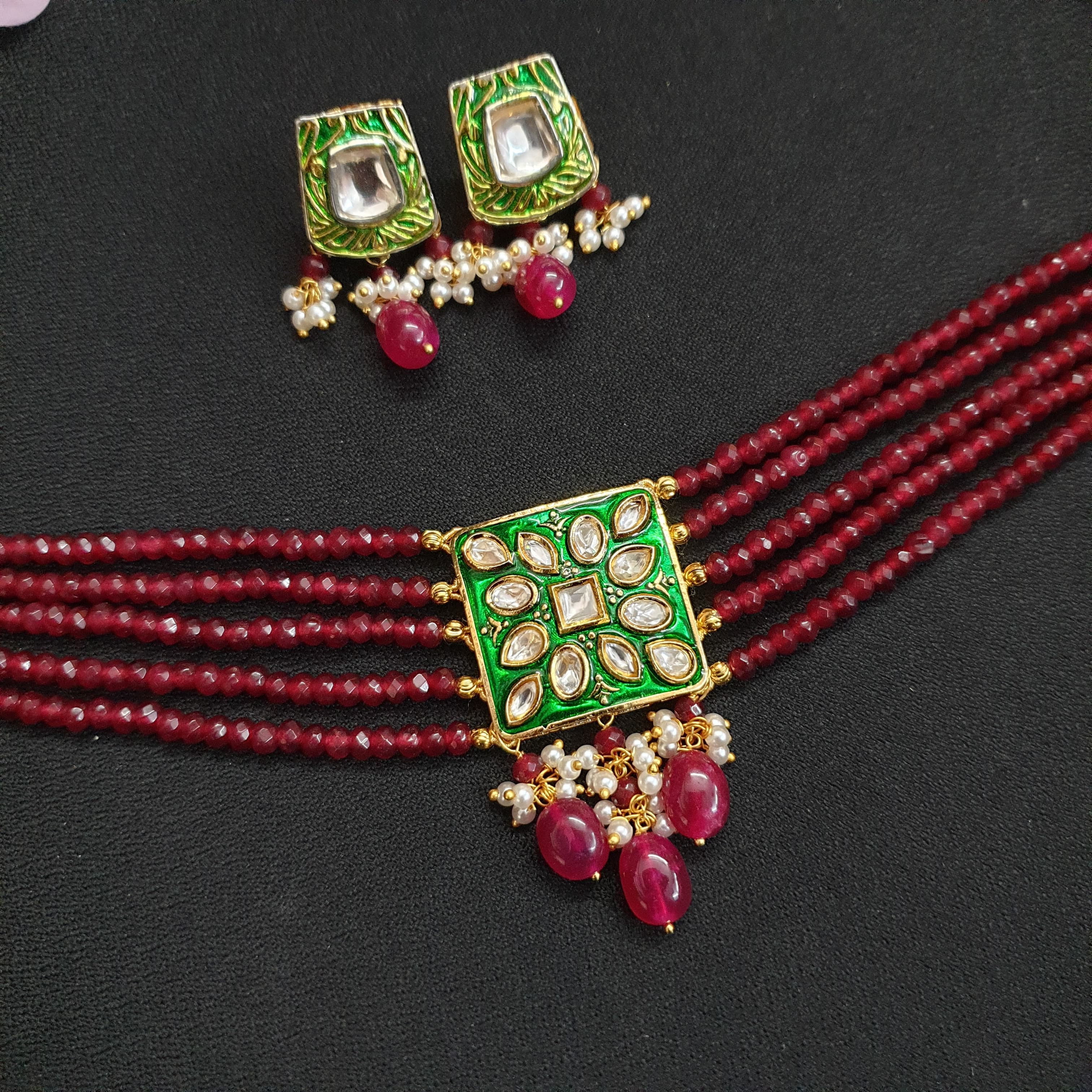 Green Polki Kundan Meenakari Choker Set With Earrings