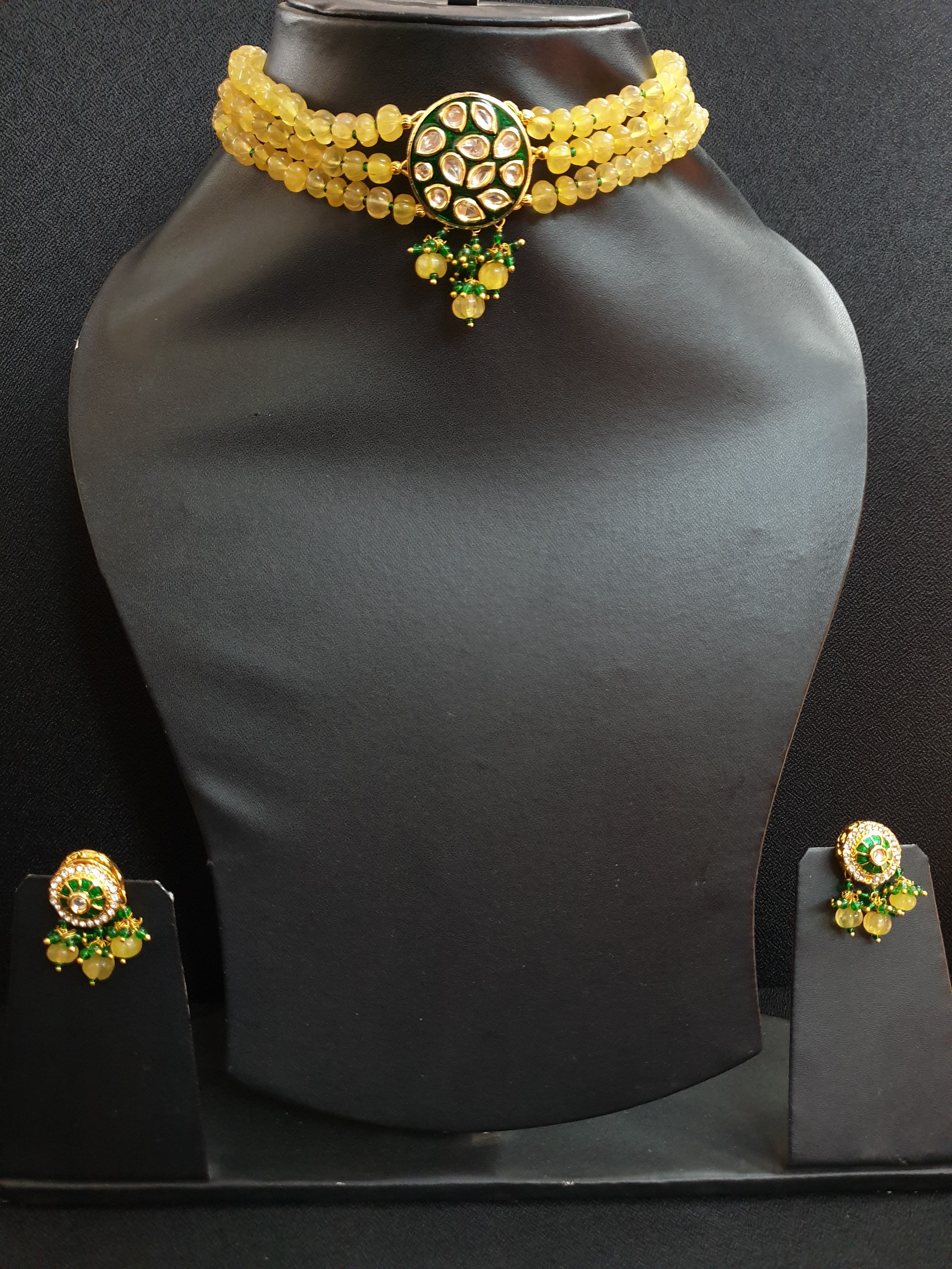 Yellow Kundan Polki Choker Set With Earrings
