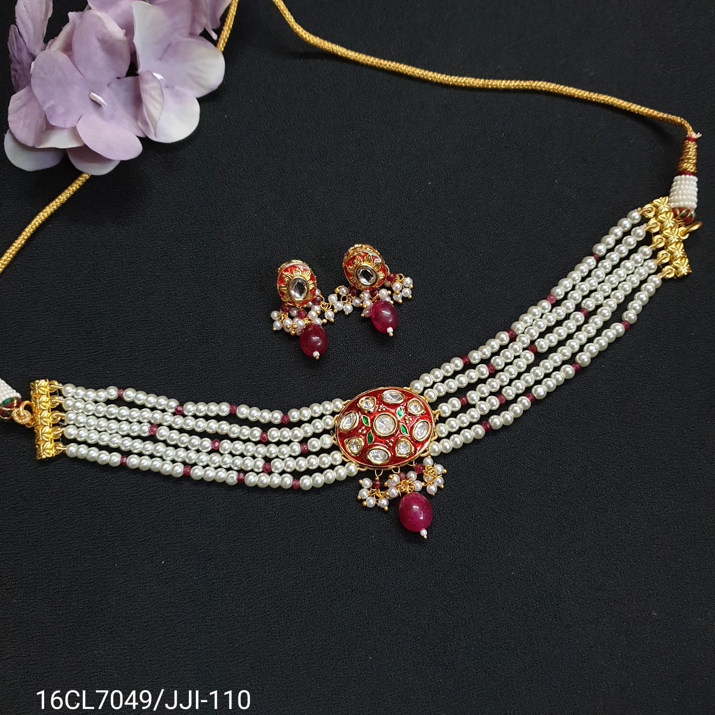Red Kundan Polki Choker Set With Earrings