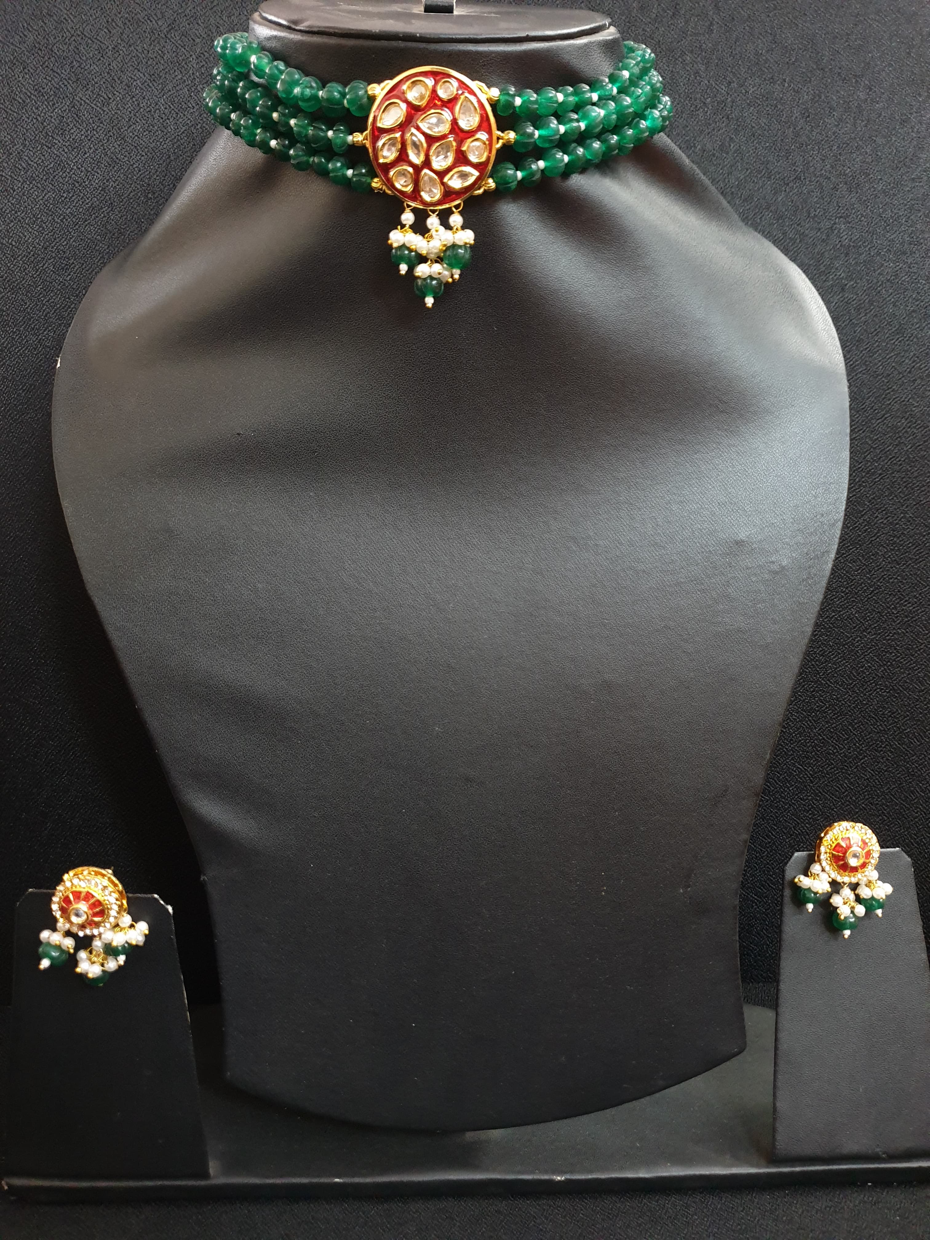 Red Kundan Polki Choker Set With Earrings