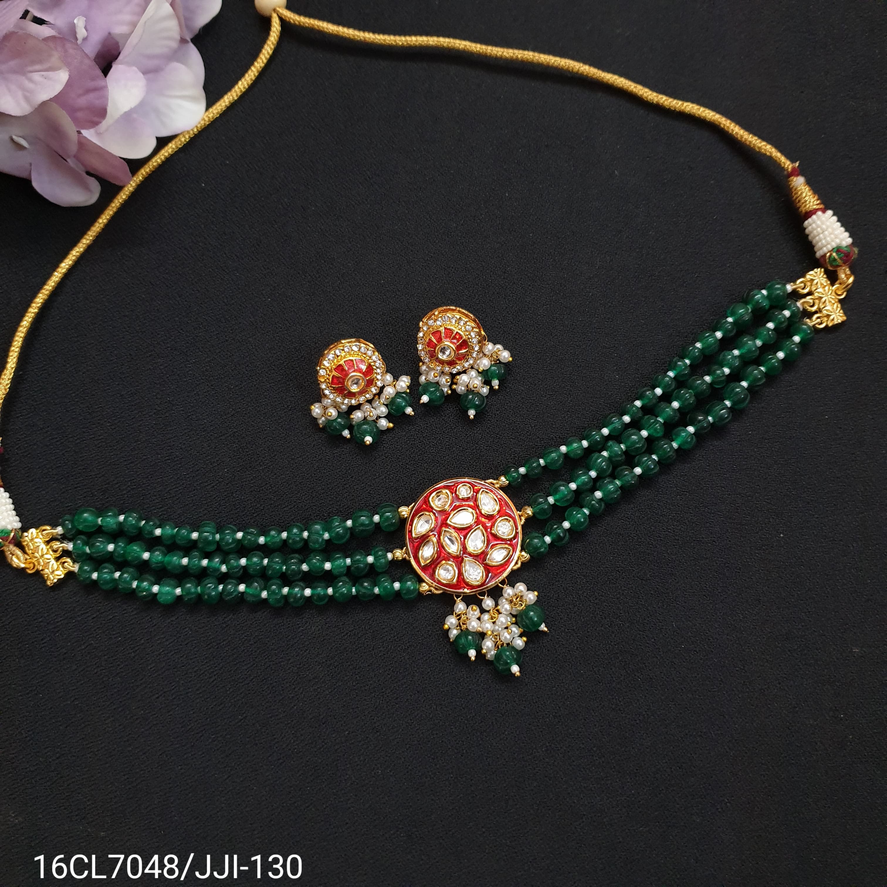 Red Kundan Polki Choker Set With Earrings
