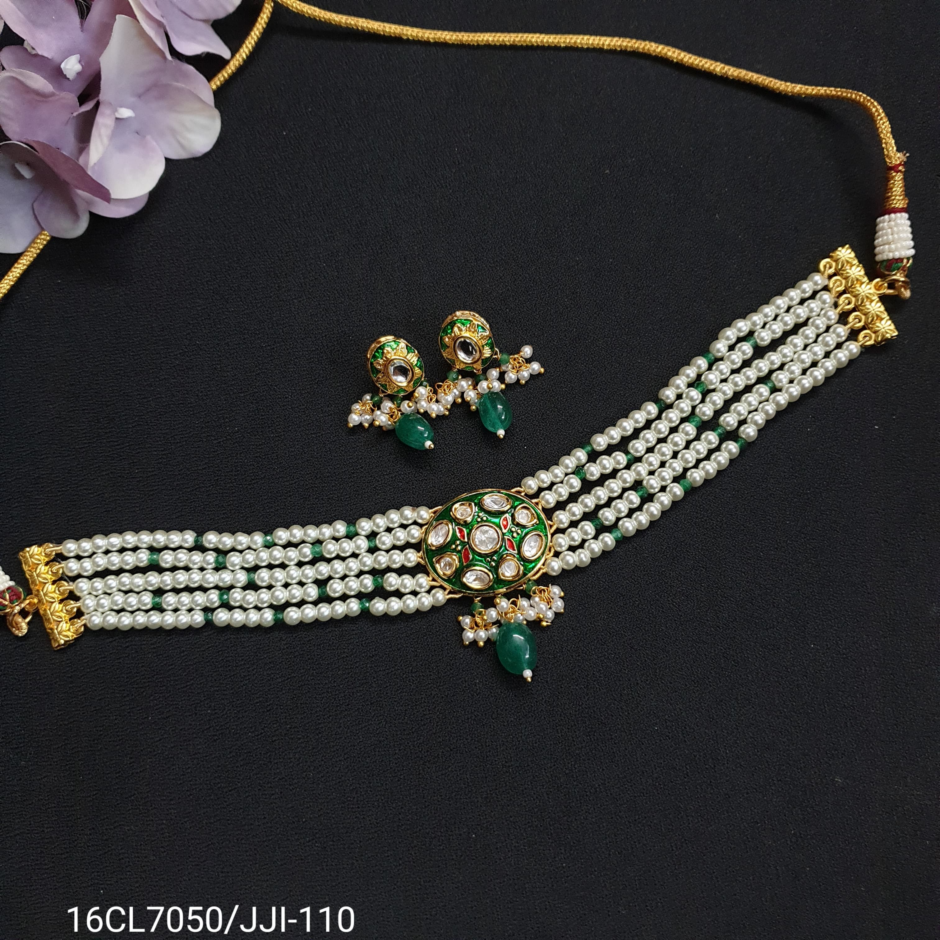 Green Kundan Polki Choker Set With Earrings