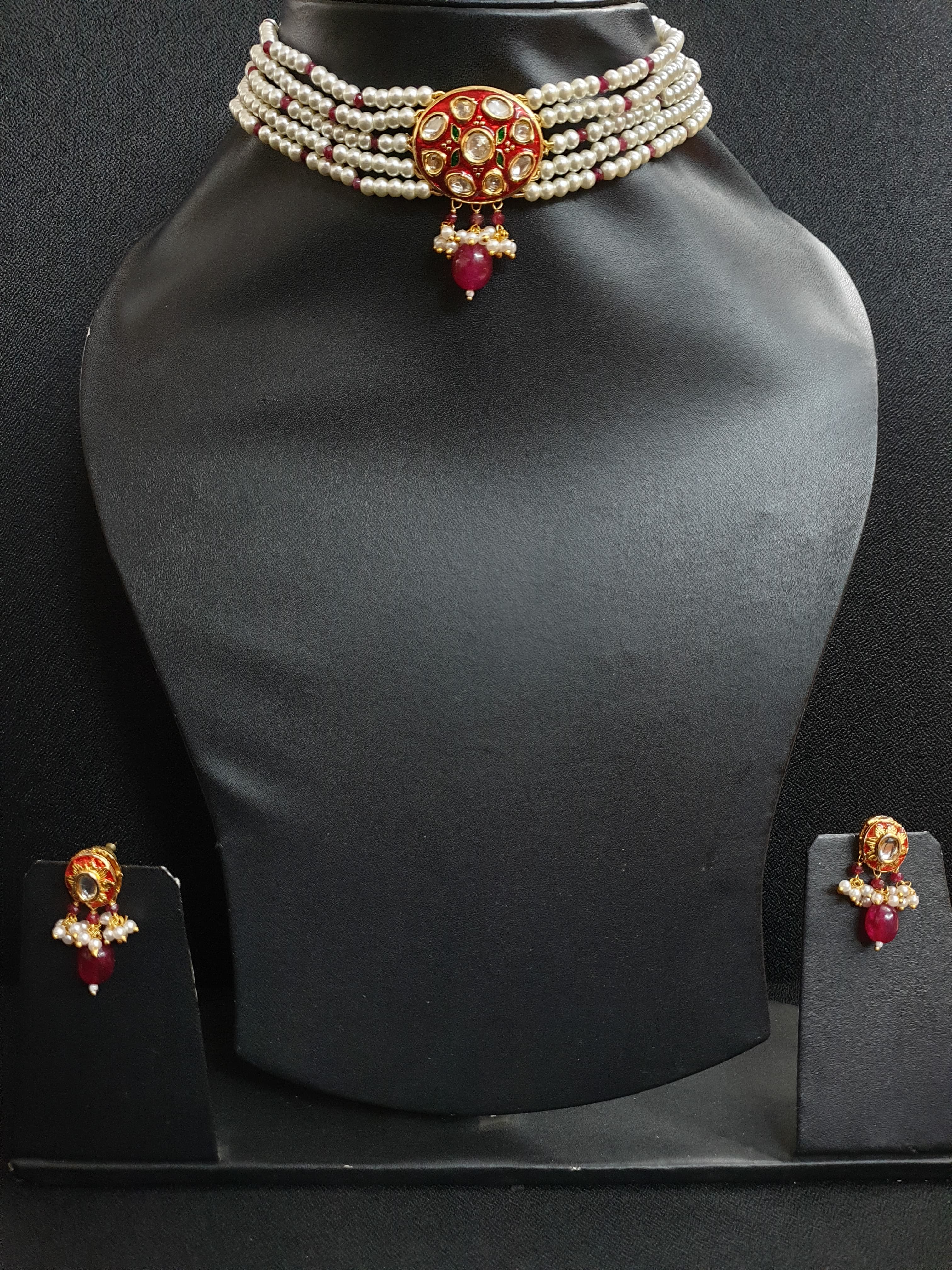 Red Kundan Polki Choker Set With Earrings